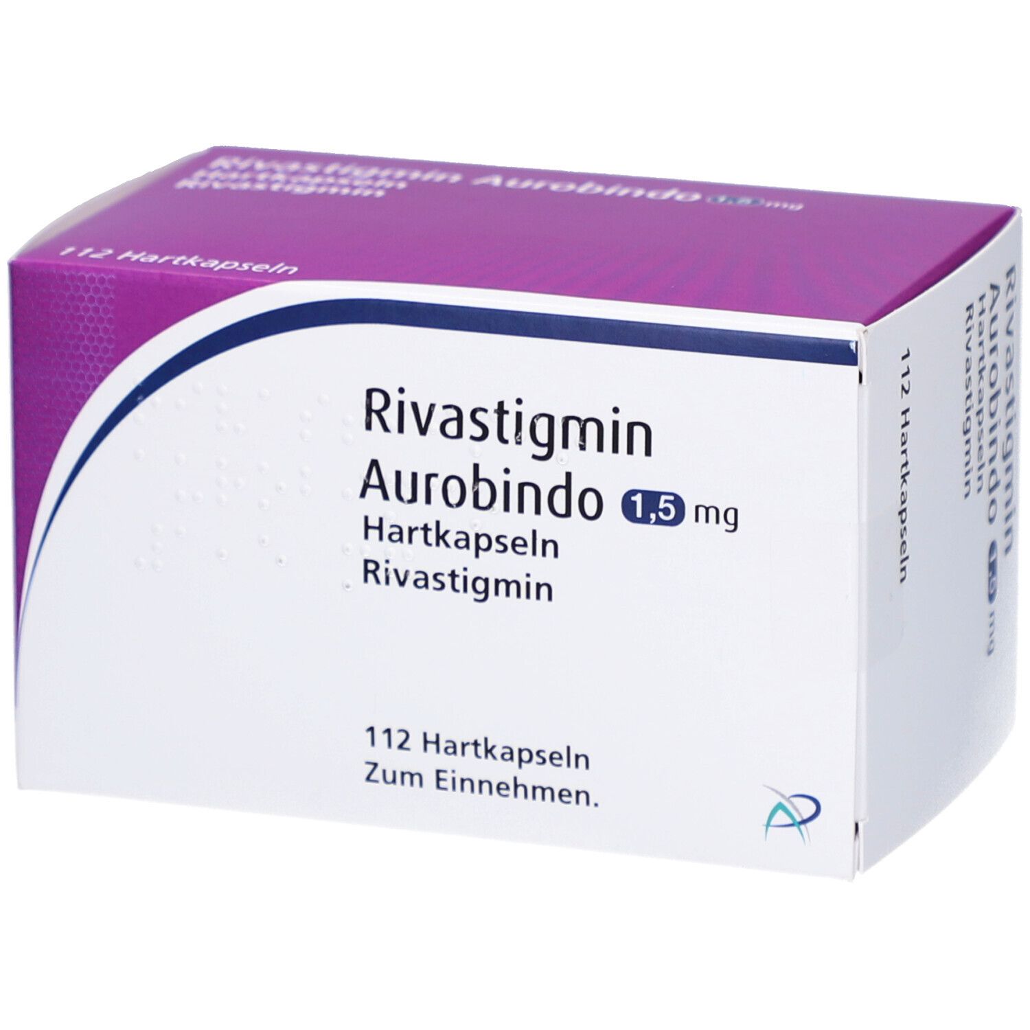 Schachtel mit Rivastigmin Aurobindo 1,5 mg Hartkapseln. 112 Kapseln. Lila und weiß. Aufschrift: Zum Einnehmen.