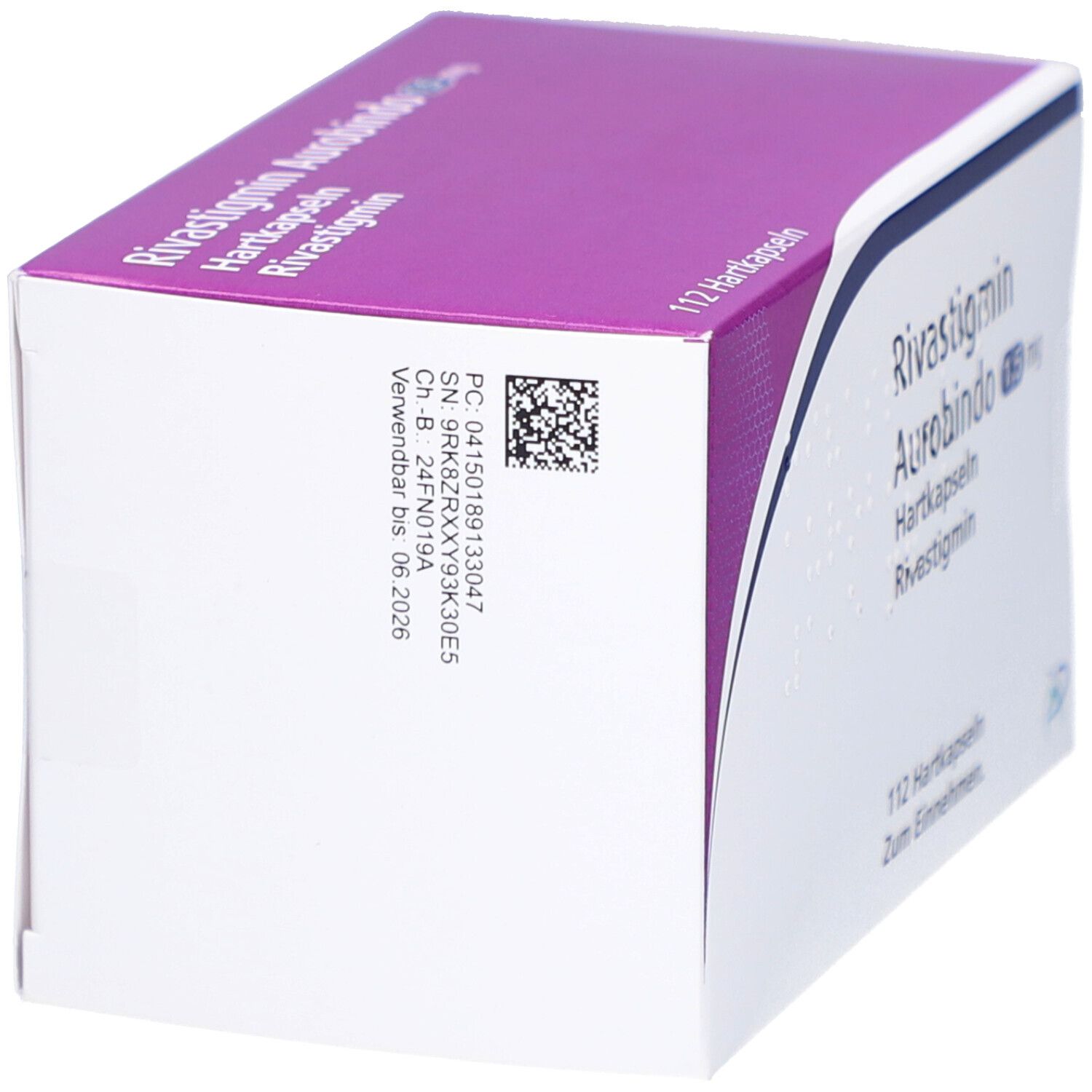 Schachtel von Rivastigmin Aurobindo 1,5 mg Hartkapseln. Seitenansicht. Lila Deckel. Text und Barcode.