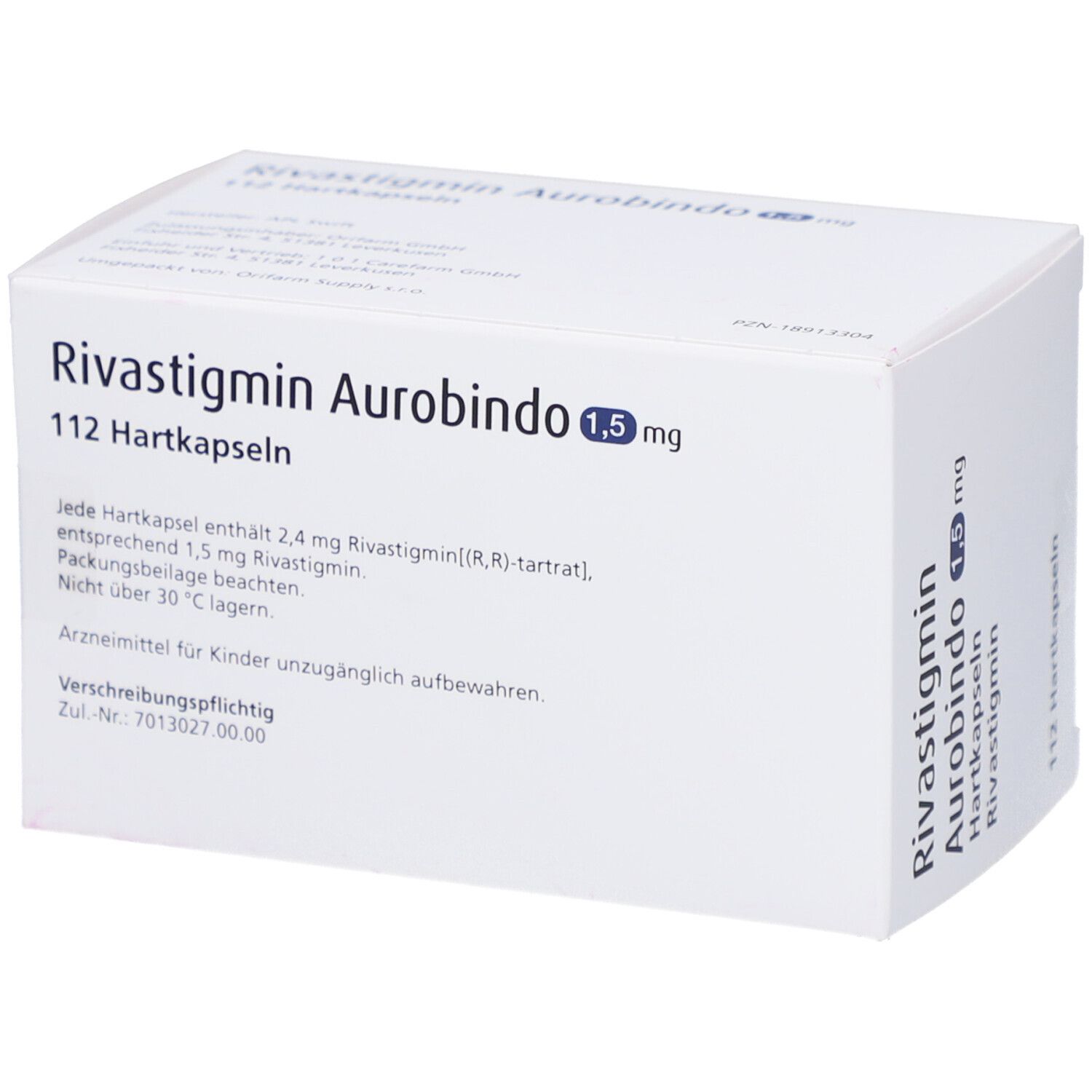 Schachtel mit Rivastigmin Aurobindo 1,5 mg Hartkapseln. Text: 112 Hartkapseln. Weitere Informationen auf der Packungsbeilage.