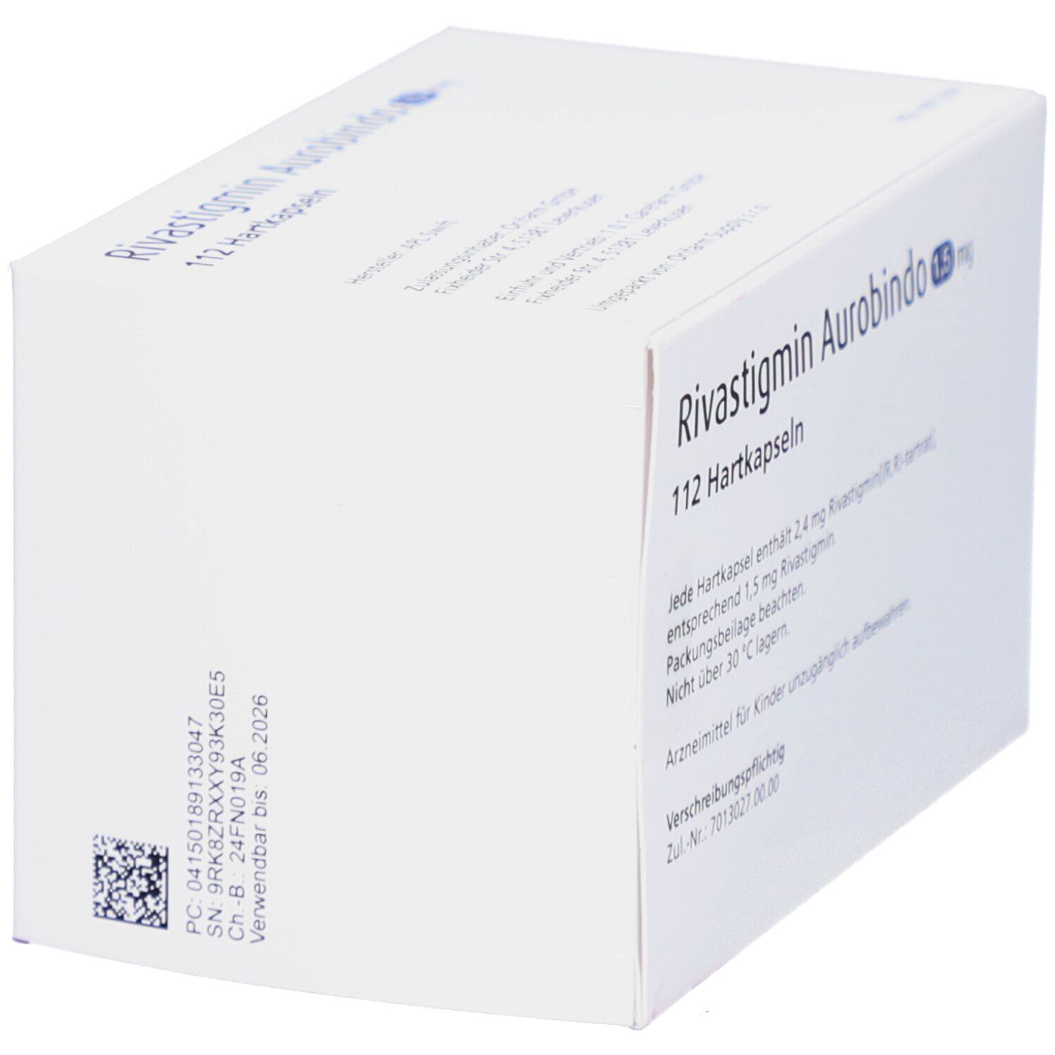 Schachtel von Rivastigmin Aurobindo 1,5 mg Hartkapseln. Seitenansicht. Text und Barcode. Weiß und lila.