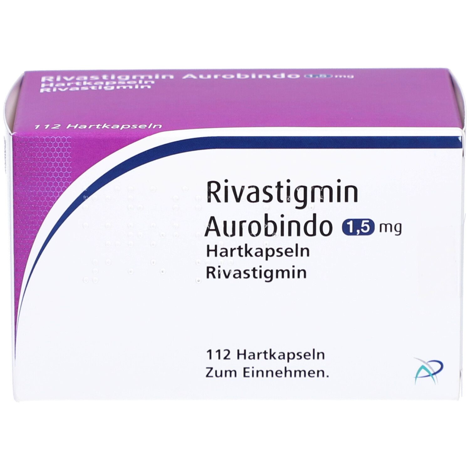 Schachtel mit Rivastigmin Aurobindo 1,5 mg Hartkapseln. 112 Kapseln. Lila und weiß. Aufschrift: Zum Einnehmen.