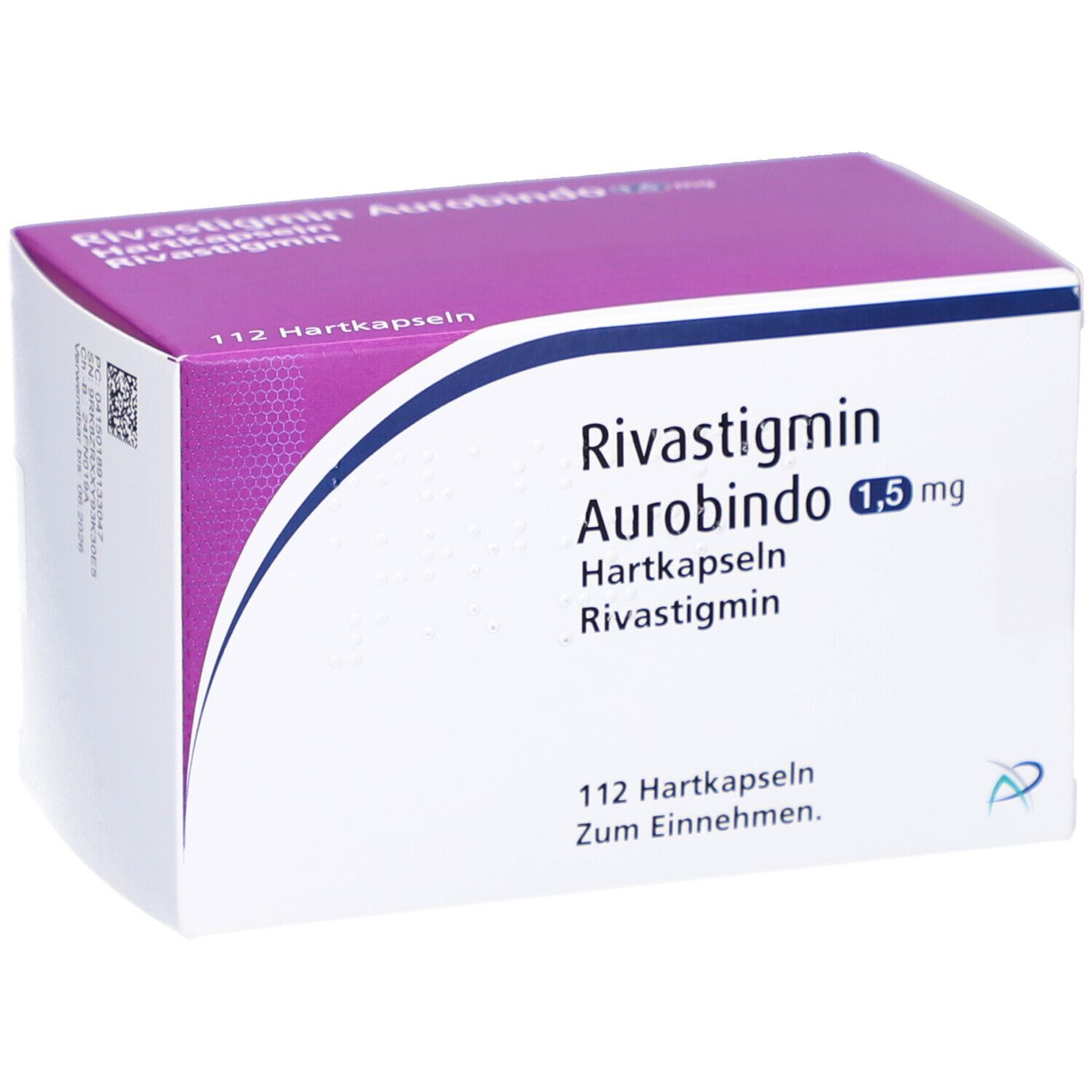 Schachtel mit Rivastigmin Aurobindo 1,5 mg Hartkapseln. 112 Kapseln. Lila und weiß. Aufschrift: Zum Einnehmen.