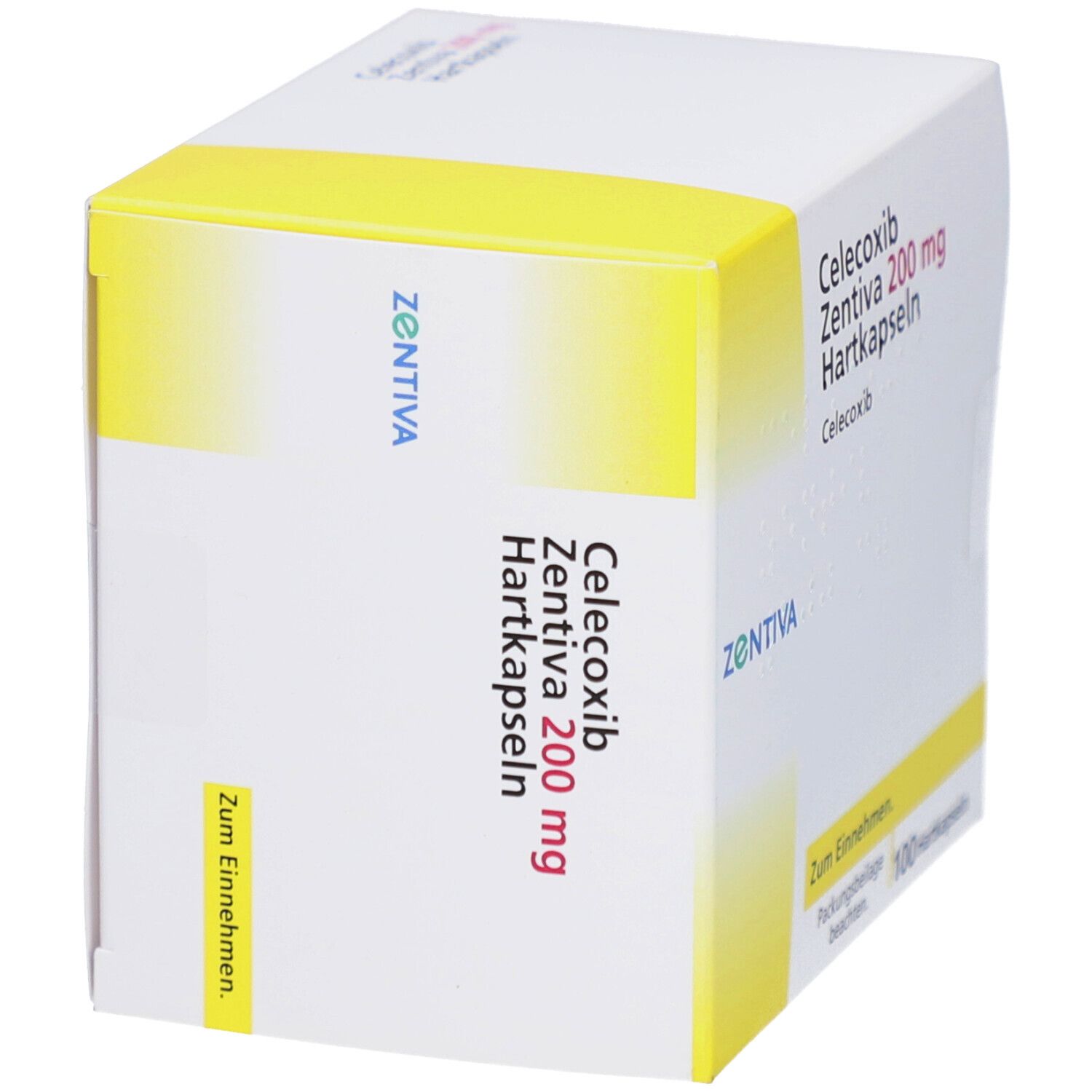 Schachtel mit CELECOXIB Zentiva 200 mg Hartkapseln. Aufschrift: Zum Einnehmen.