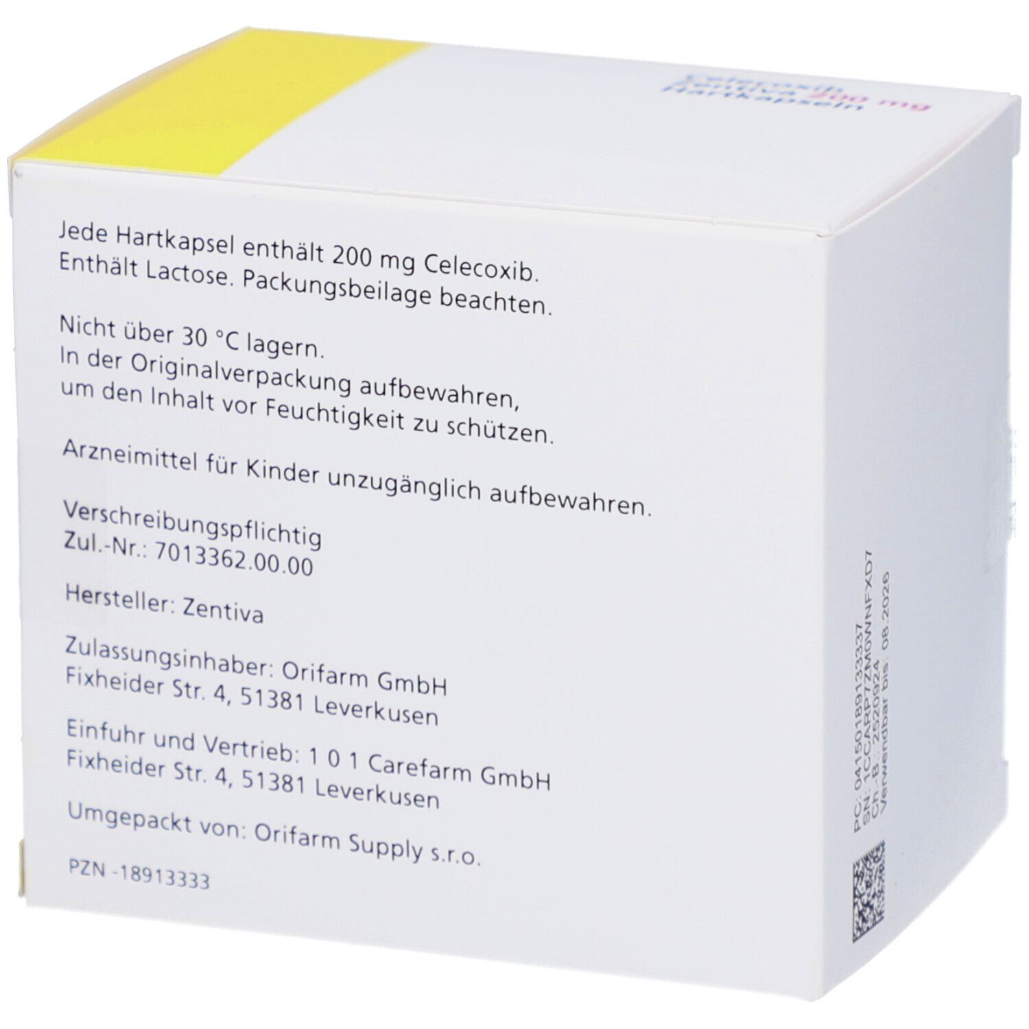 Rückseite der Schachtel mit CELECOXIB Zentiva 200 mg Hartkapseln. Textliche Informationen.
