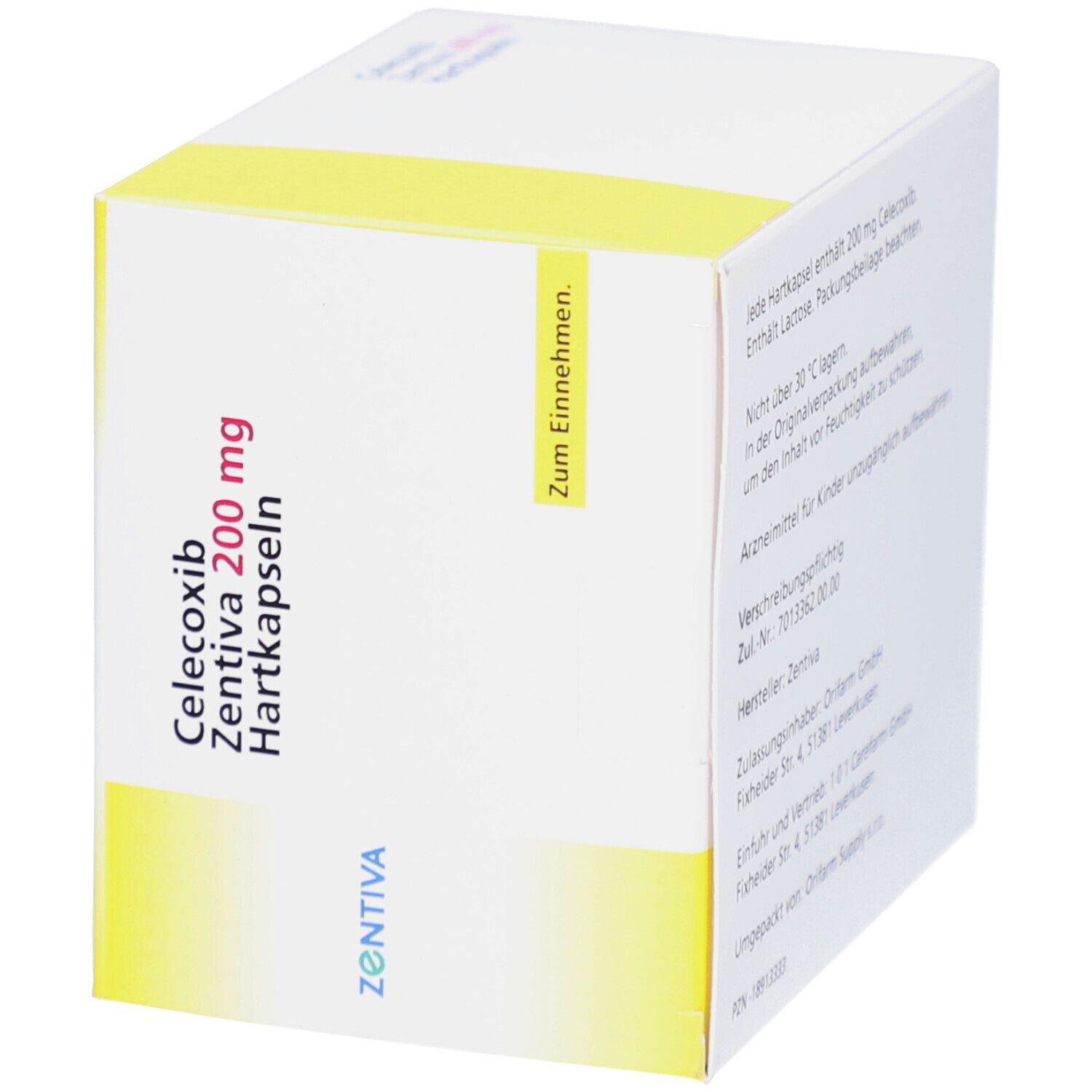 Schachtel mit CELECOXIB Zentiva 200 mg Hartkapseln. Aufschrift: Zum Einnehmen.