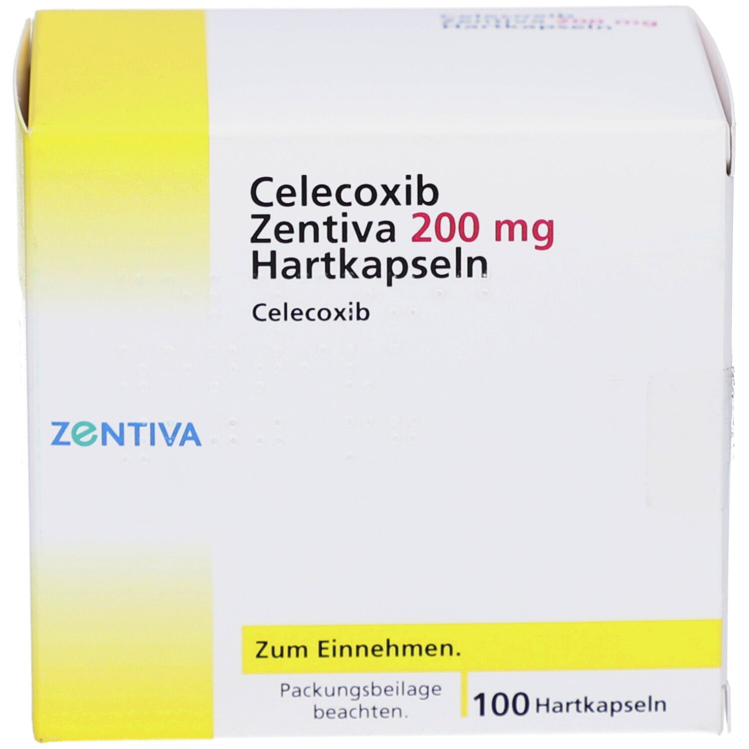 Schachtel mit CELECOXIB Zentiva 200 mg Hartkapseln. Aufschrift: Zum Einnehmen. 100 Hartkapseln.