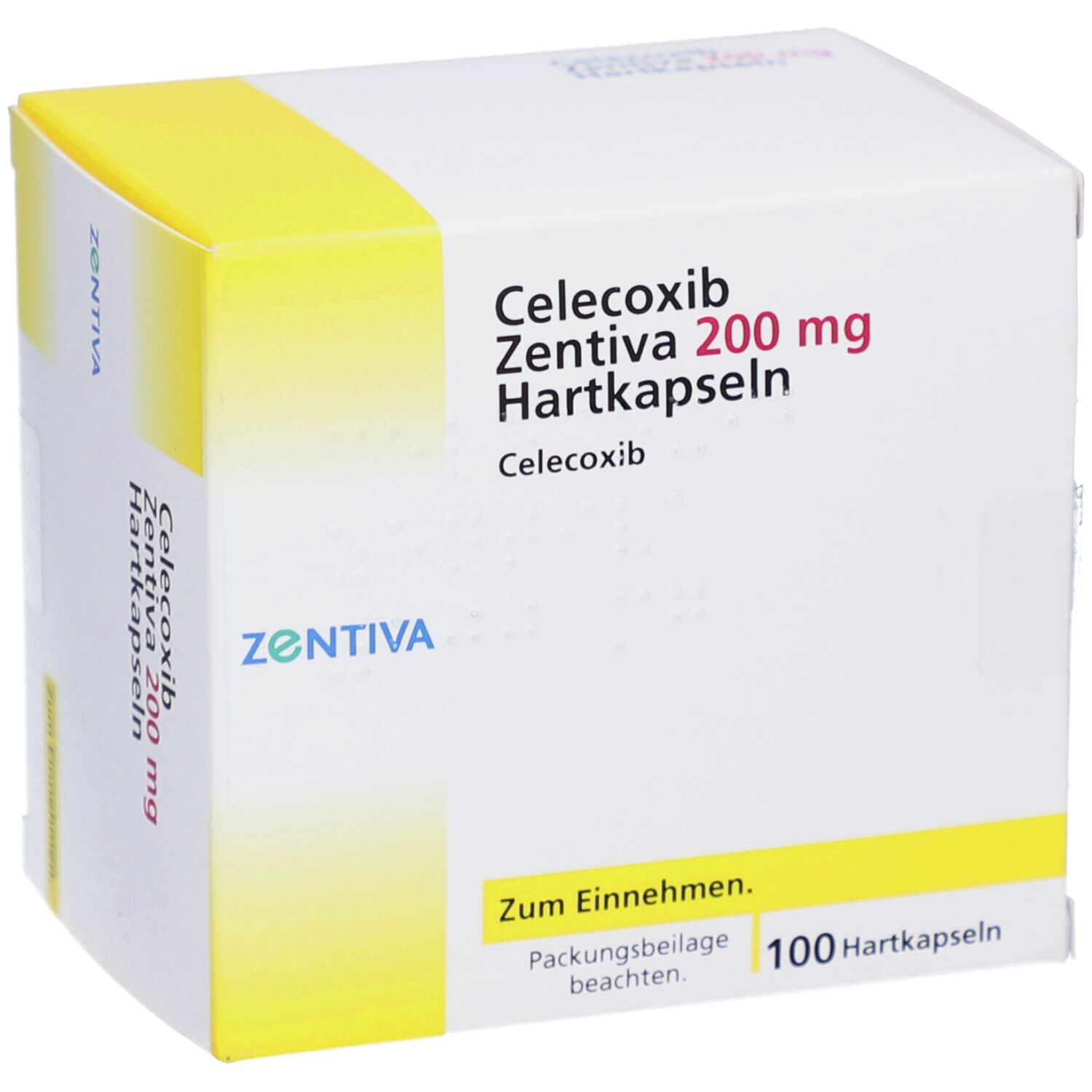 Schachtel mit CELECOXIB Zentiva 200 mg Hartkapseln. Aufschrift: Zum Einnehmen. 100 Hartkapseln.