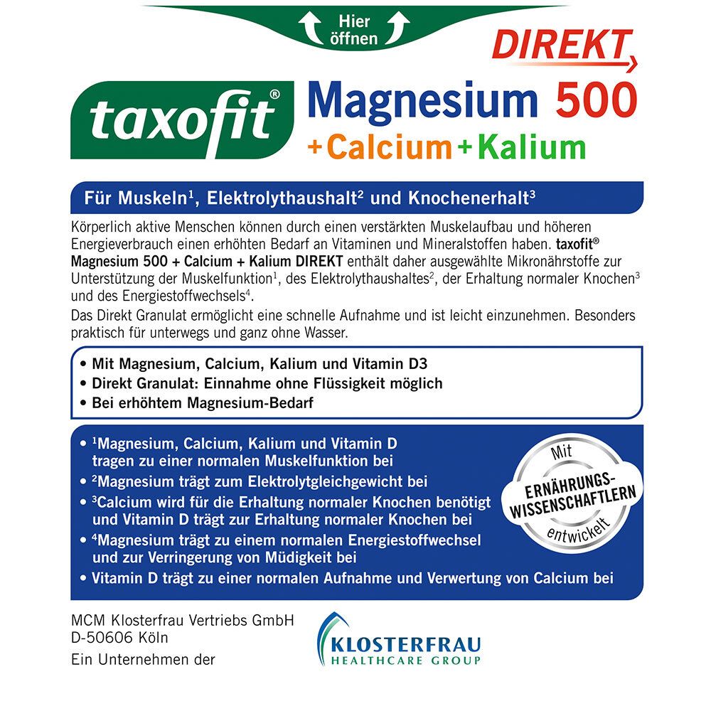 Taxofit Magnesium 500+Calcium+Kalium Direkt Gran. 20 St Granulat