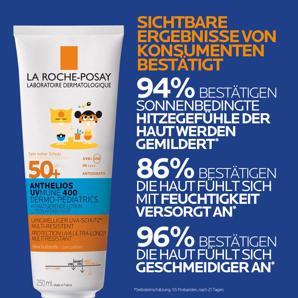 La Roche-Posay Anthelios Sonnenmilch für Kinder LSF 50+ in Tube. Text mit Prozentangaben zu Hautgefühl und Feuchtigkeit.