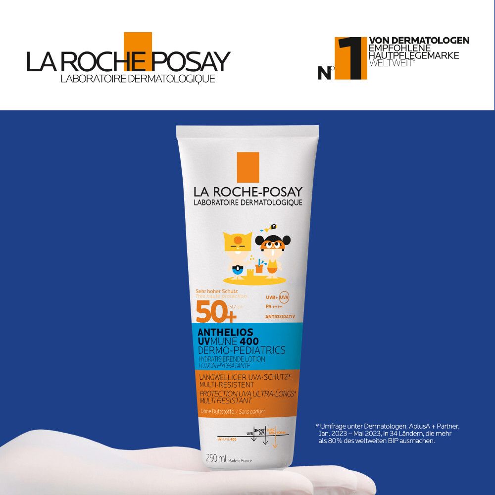 La Roche-Posay Anthelios Sonnenmilch für Kinder LSF 50+ in Tube. Logo und Text. Von Dermatologen empfohlen.