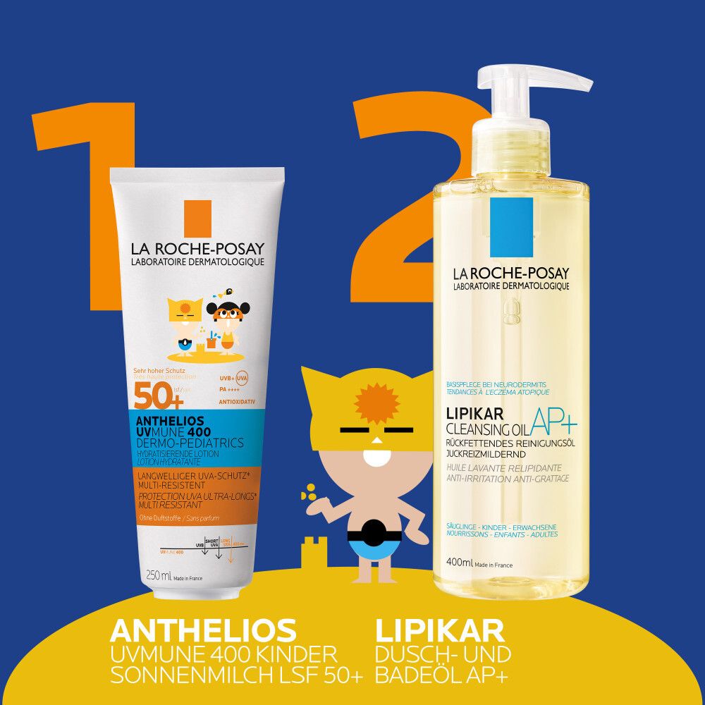 La Roche-Posay Anthelios Sonnenmilch und Lipikar Cleansing Oil. Illustrationen von Kindern. Produkte für Kinder.