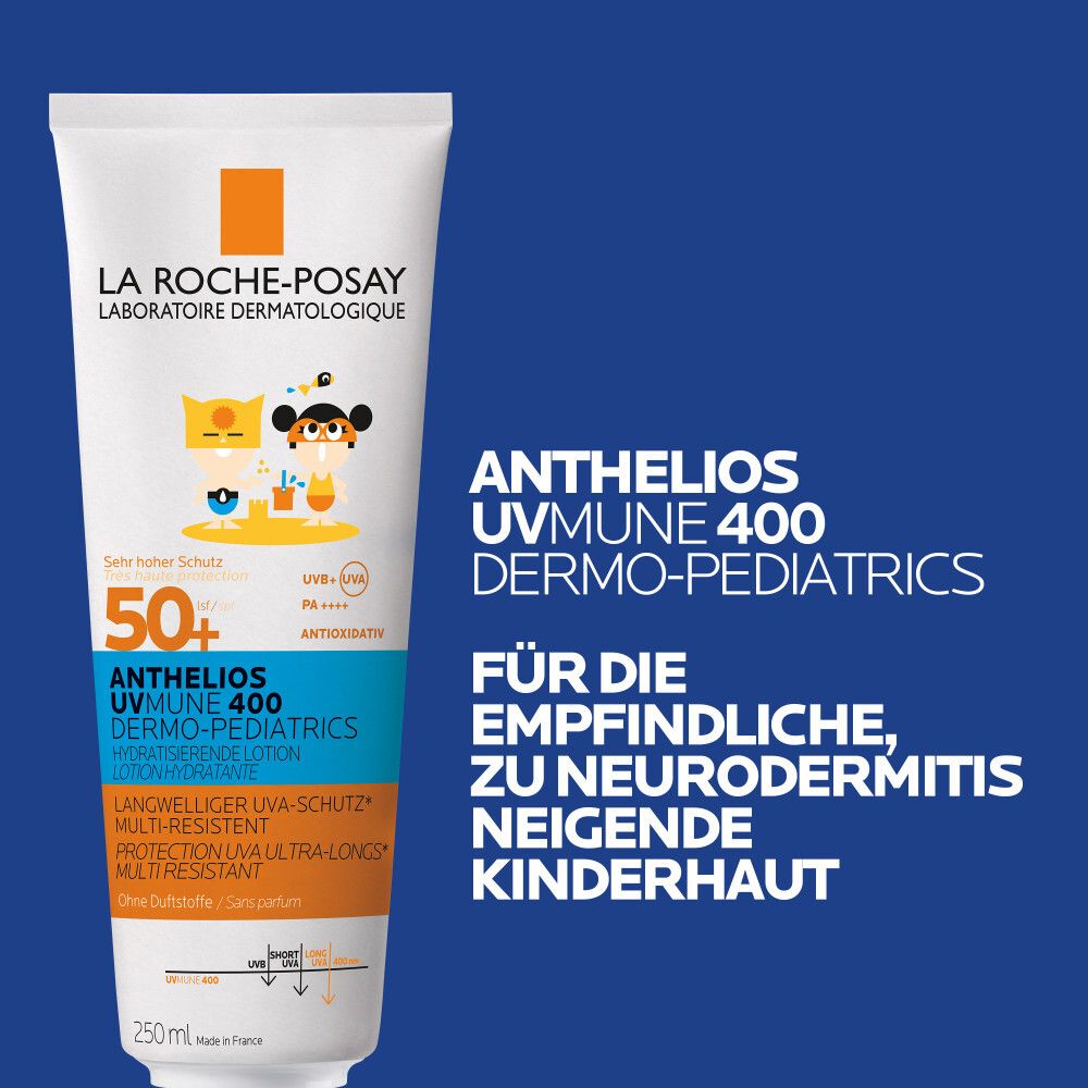 La Roche-Posay Anthelios Sonnenmilch für Kinder LSF 50+ in Tube. Text: Für empfindliche, zu Neurodermitis neigende Kinderhaut.
