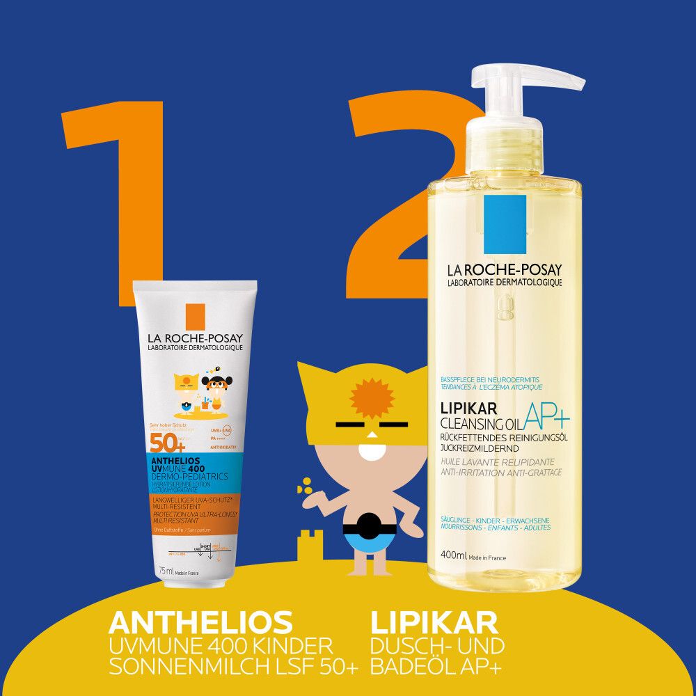 Zwei Produkte auf blauem Hintergrund. Anthelios UVmune 400 Kinder Sonnenmilch und Lipikar Dusch- und Badeöl AP+.