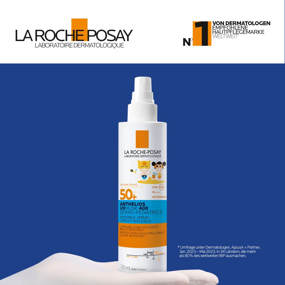 Weißes Sonnenspray mit Sprühkopf. Aufdrucke: La Roche-Posay, Anthelios UVMune 400, LSF 50+, Kinder-Illustrationen. Logo: Dermatologen empfohlen.