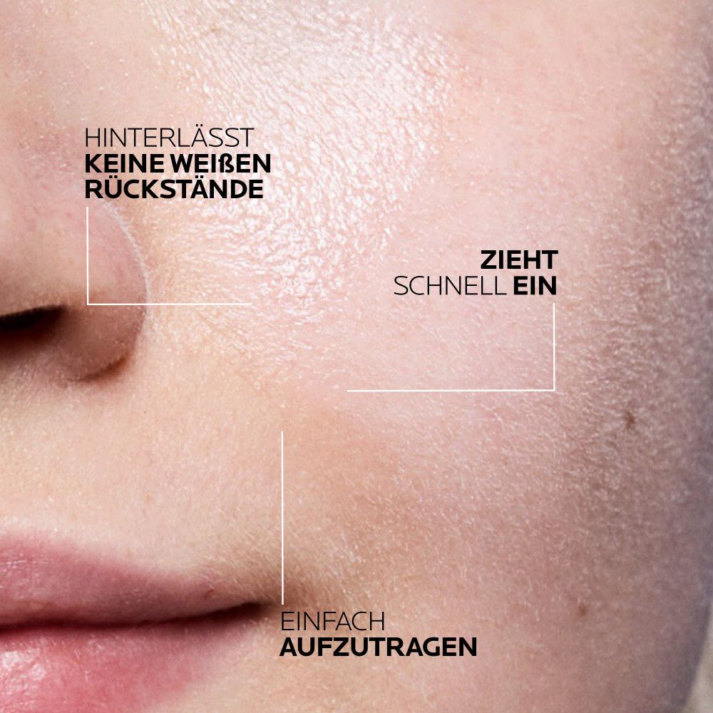 Nahaufnahme eines Gesichts. Text: Hinterlässt keine weißen Rückstände, zieht schnell ein, einfach aufzutragen.