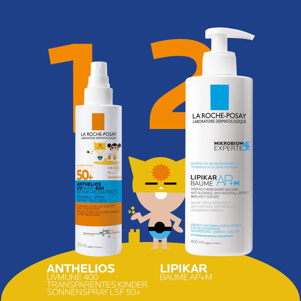 Zwei Produkte auf blauem Hintergrund. Links: Sonnenspray. Rechts: Creme. Illustrationen: Kind mit Sonnenbrille und gelber Figur.