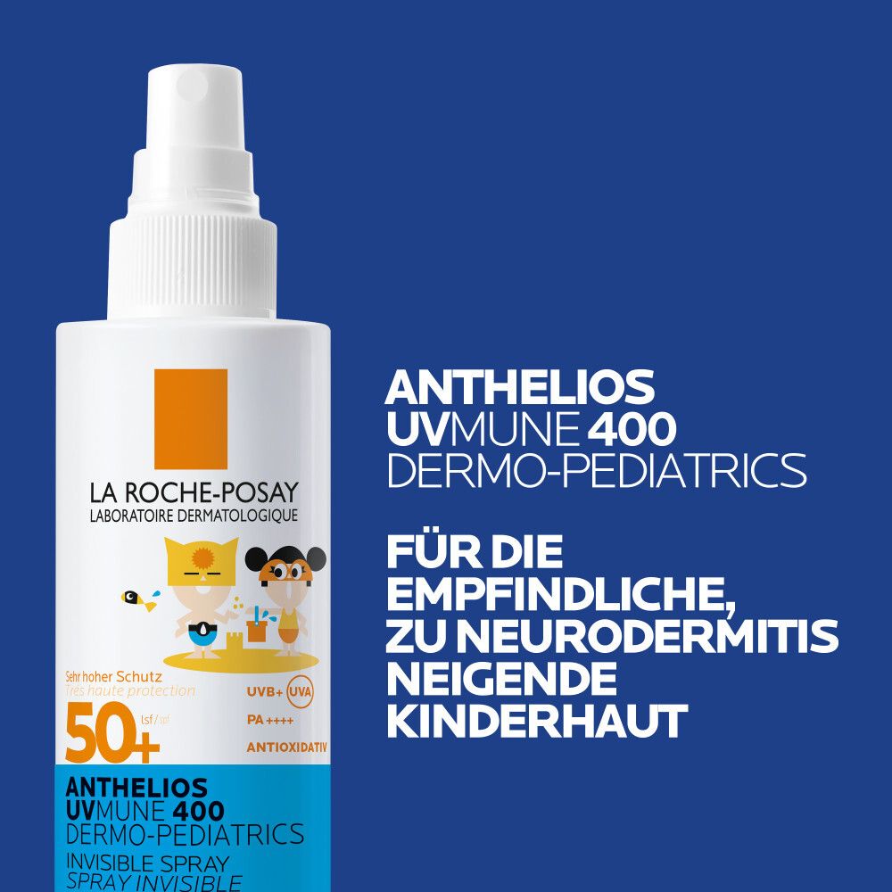 Weißes Sonnenspray mit Sprühkopf. Aufdrucke: La Roche-Posay, Anthelios UVMune 400, LSF 50+, Kinder-Illustrationen. Text: Für empfindliche Haut.