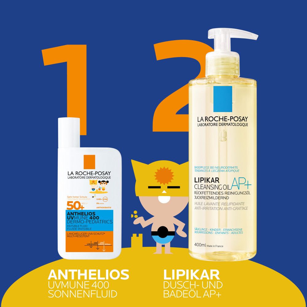 Zwei Produkte: Anthelios UVMUNE 400 Sonnenfluid und Lipikar Dusch- und Badeöl. Beide mit Etiketten.