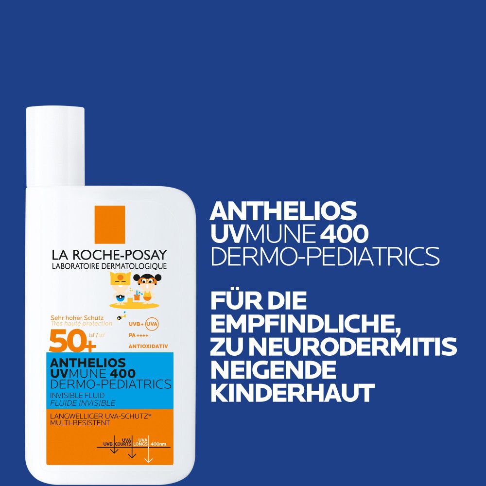 Weiße Flasche mit orangefarbenem Etikett. Text: Anthelios UVMUNE 400 Dermo-Pediatrics für empfindliche, zu Neurodermitis neigende Kinderhaut.
