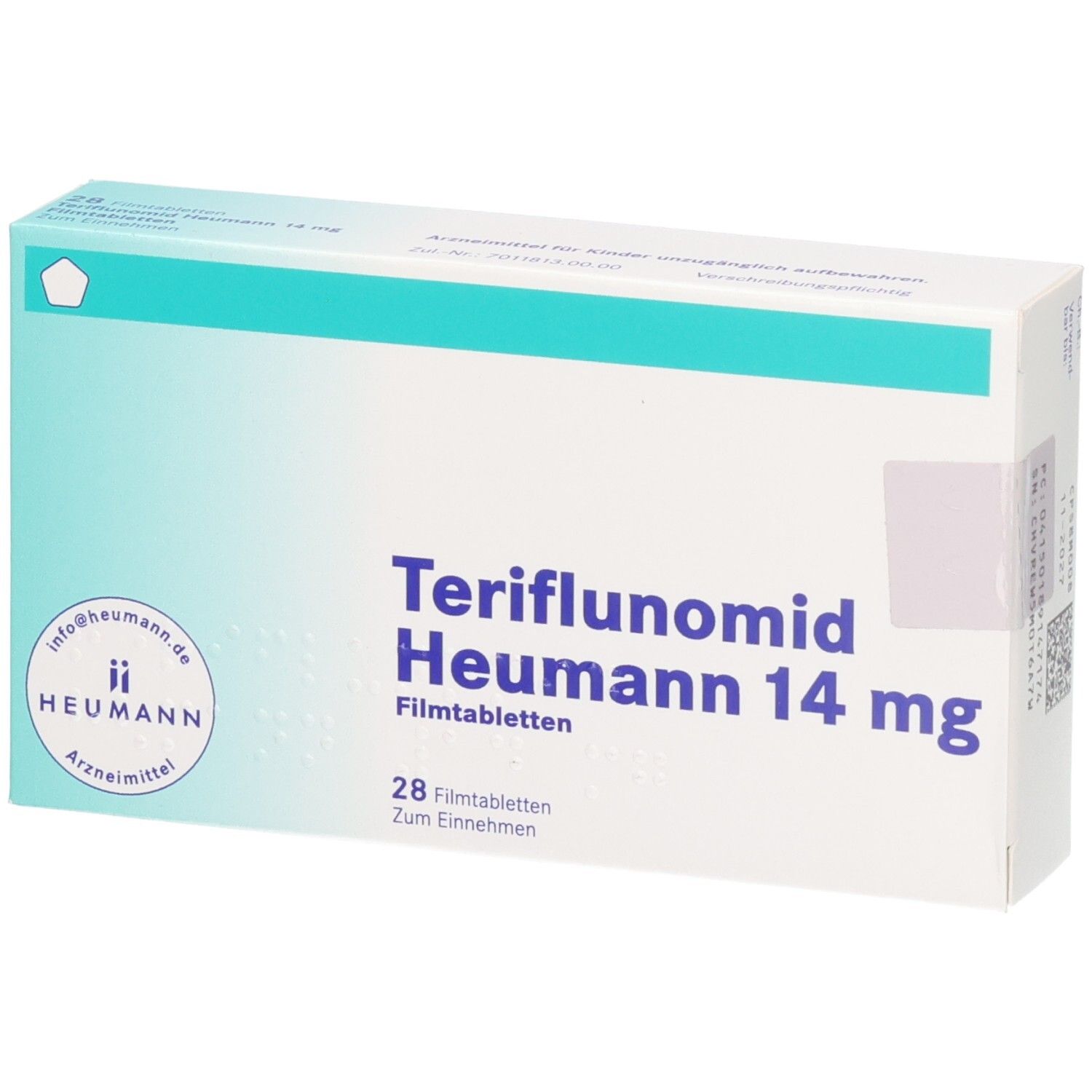Packung Teriflunomid Heumann 14 mg Filmtabletten, 28 Stück.