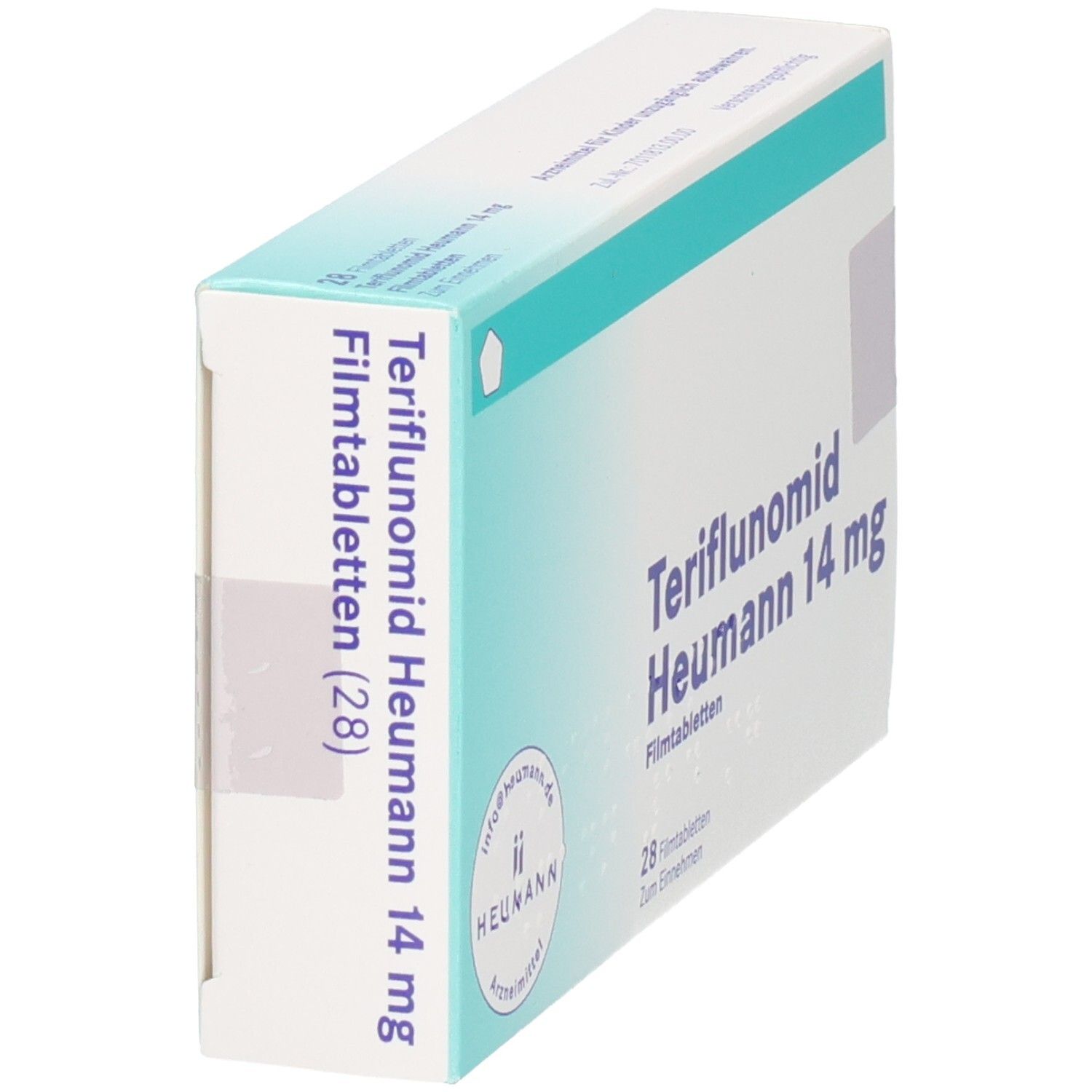 Seitenansicht der Packung Teriflunomid Heumann 14 mg Filmtabletten, 28 Stück.