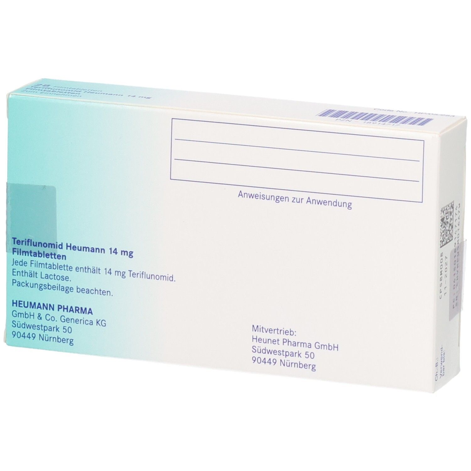 Rückseite der Packung Teriflunomid Heumann 14 mg Filmtabletten mit Anwendungshinweisen.