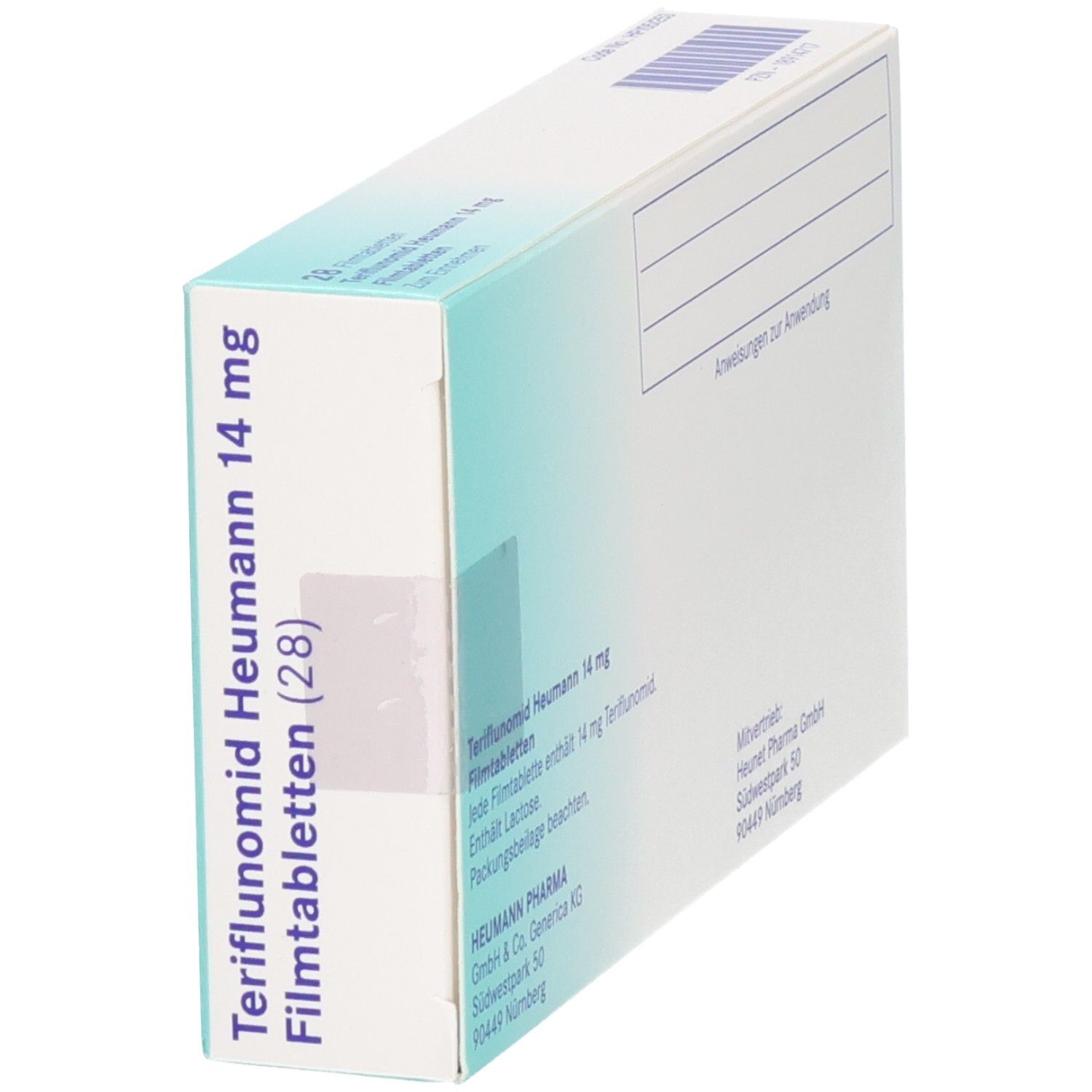 Schrägansicht der Packung Teriflunomid Heumann 14 mg Filmtabletten, 28 Stück.