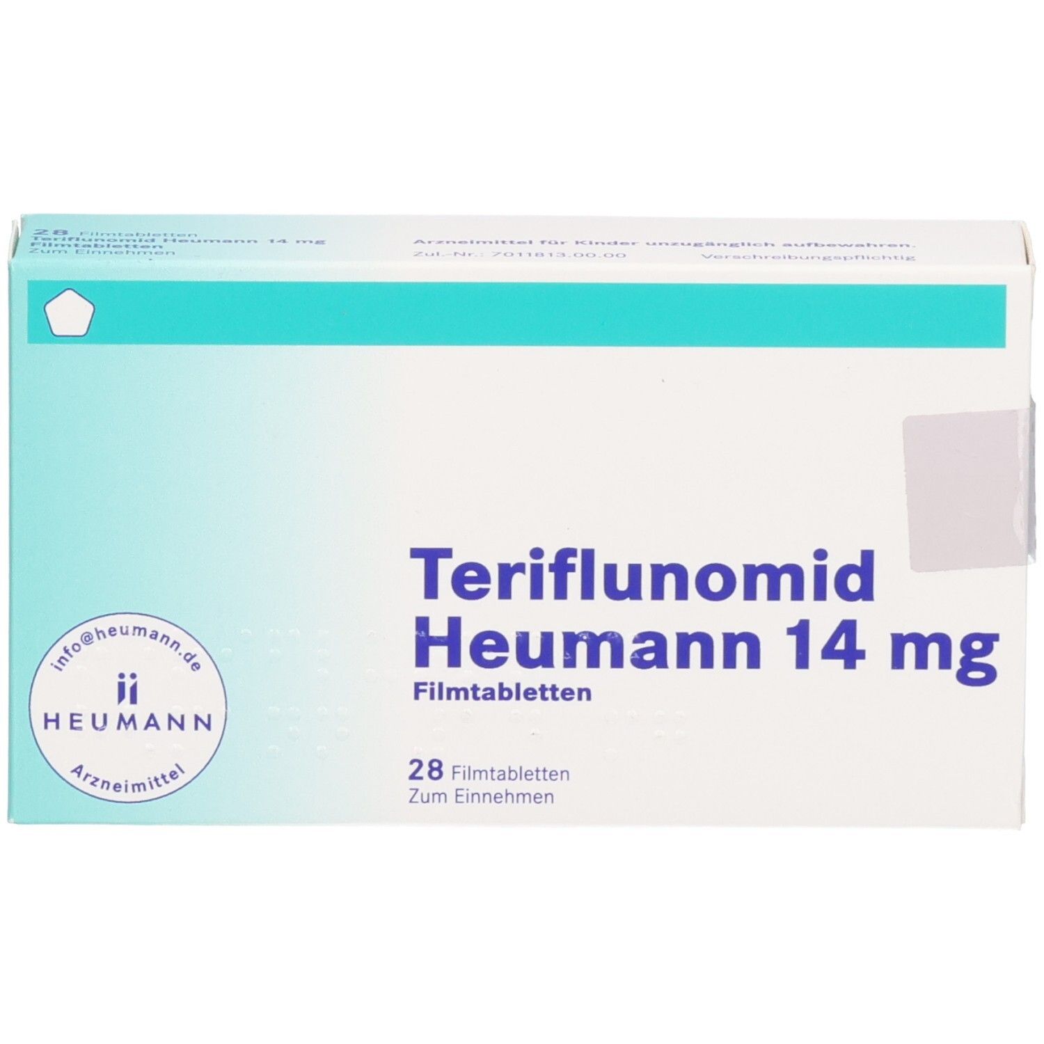 Vorderseite der Packung Teriflunomid Heumann 14 mg Filmtabletten mit Logo.