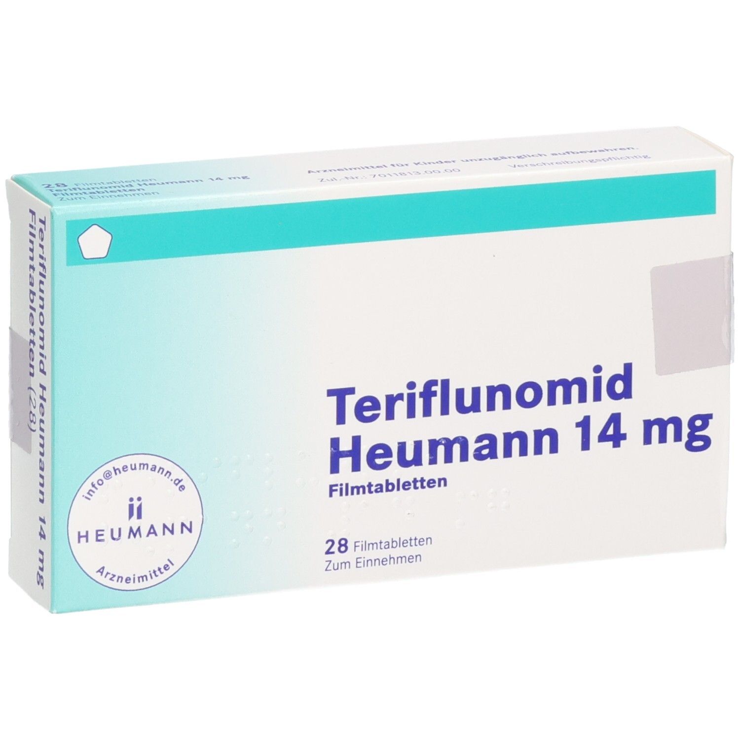 Packung Teriflunomid Heumann 14 mg Filmtabletten, 28 Stück, mit Heumann Logo.