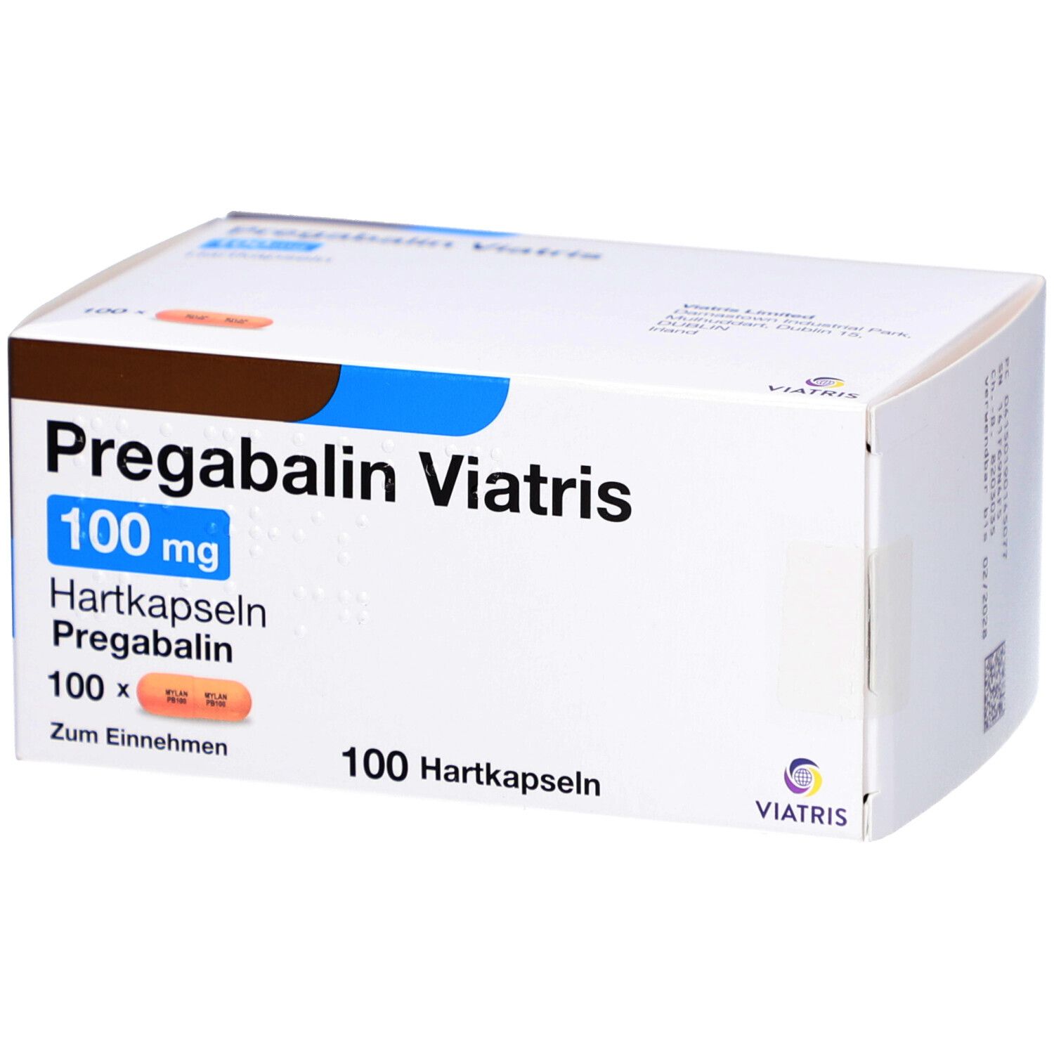 Schachtel mit PREGABALIN Viatris 100 mg Hartkapseln. Aufdruck: Pregabalin Viatris, 100 mg, 100 Hartkapseln. Viatris Logo.