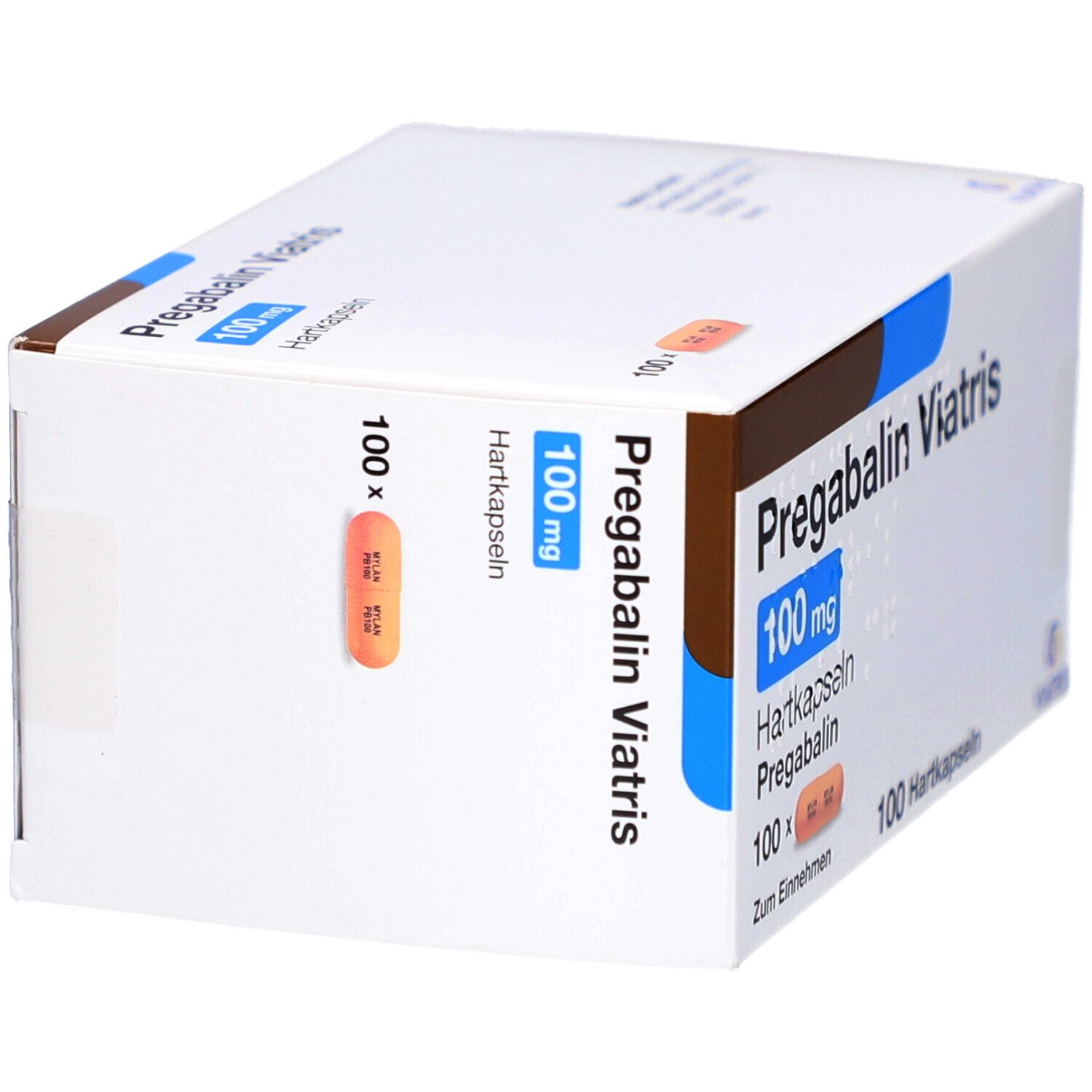 Schachtel mit PREGABALIN Viatris 100 mg Hartkapseln. Aufdruck: Pregabalin Viatris, 100 mg, 100 Hartkapseln. Viatris Logo.