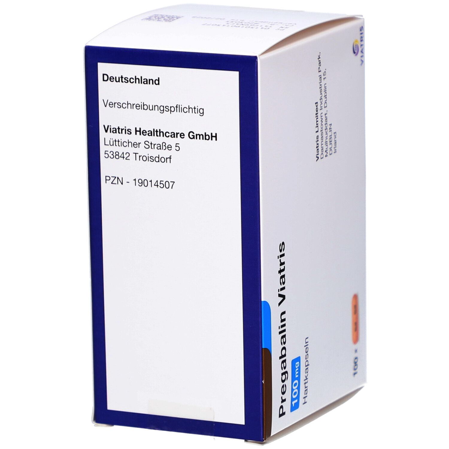 Schachtel mit PREGABALIN Viatris. Aufdruck: Viatris Healthcare GmbH, Lütticher Straße 5, 53842 Troisdorf. PZN-19014507. Pregabalin Viatris 100 mg.