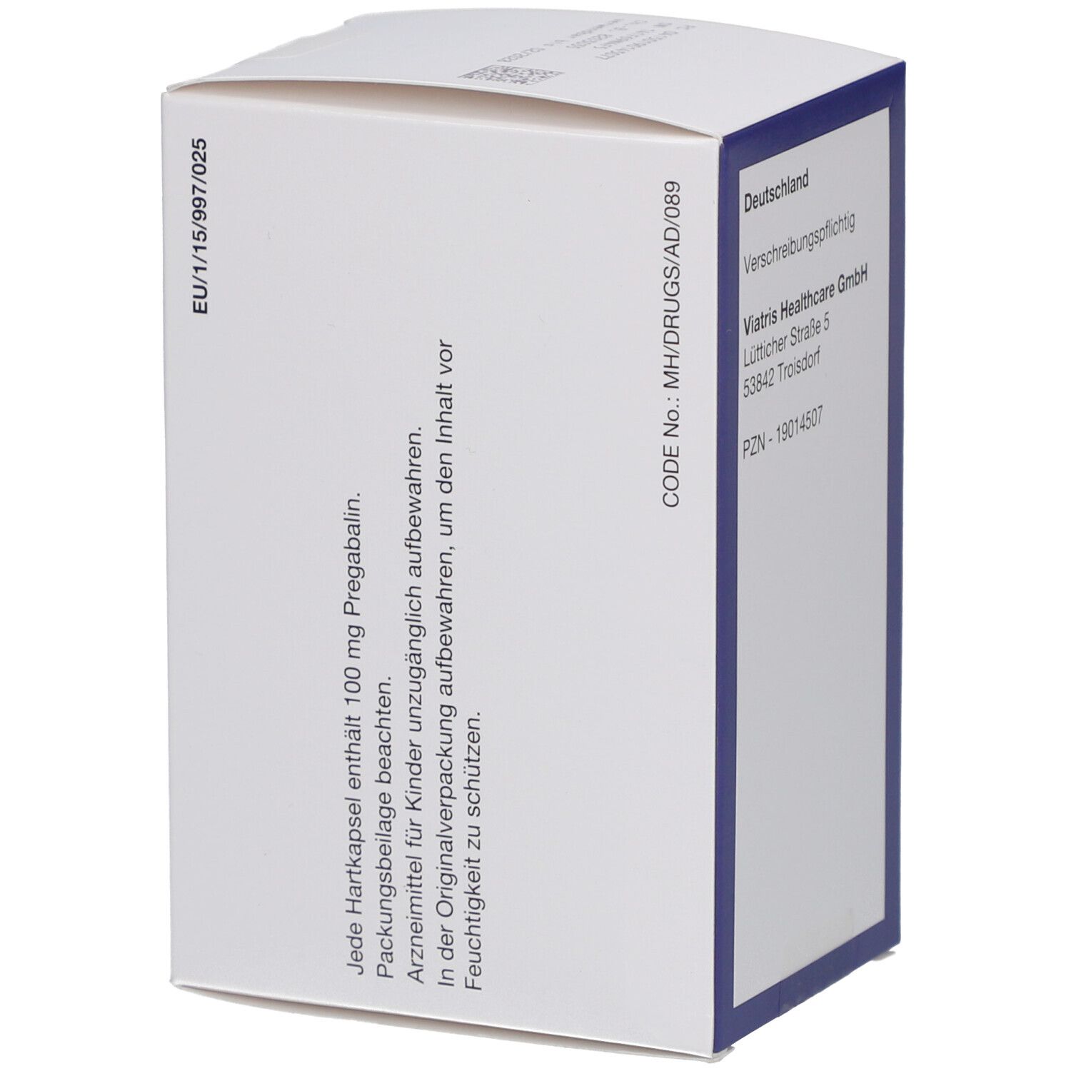 Schachtel mit Informationen. Aufdruck: Viatris Healthcare GmbH, Lütticher Straße 5, 53842 Troisdorf. EU/1/15/997/025. Code No.: MH/DRUGS/AD/089.