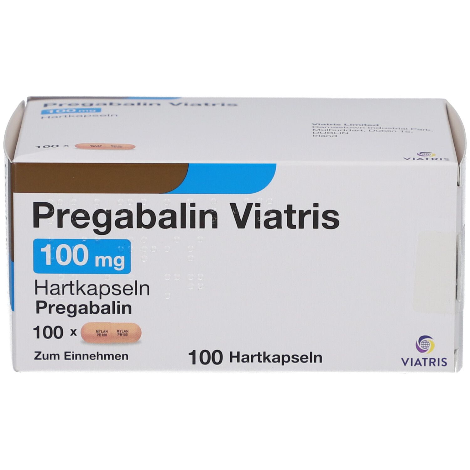 Schachtel mit PREGABALIN Viatris 100 mg Hartkapseln. Aufdruck: Pregabalin Viatris, 100 mg, 100 Hartkapseln. Viatris Logo.