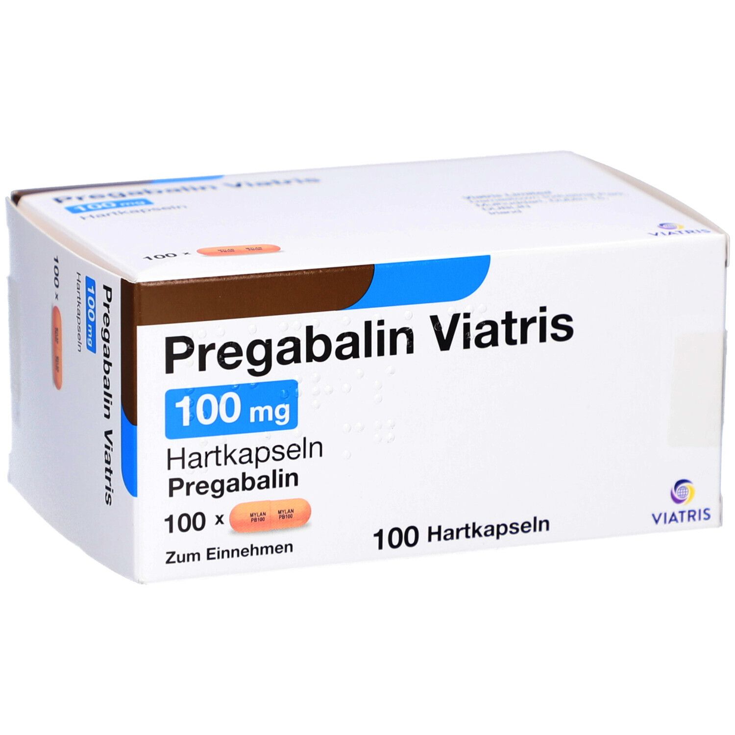 Schachtel mit PREGABALIN Viatris 100 mg Hartkapseln. Aufdruck: Pregabalin Viatris, 100 mg, 100 Hartkapseln. Viatris Logo.