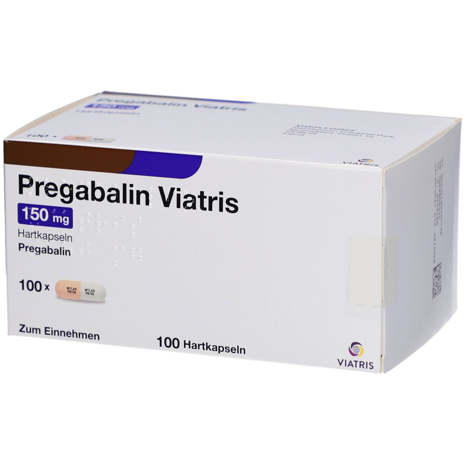 Weiße Schachtel mit PREGABALIN Viatris 150 mg Hartkapseln. Enthält 100 Kapseln. Viatris Logo rechts unten.