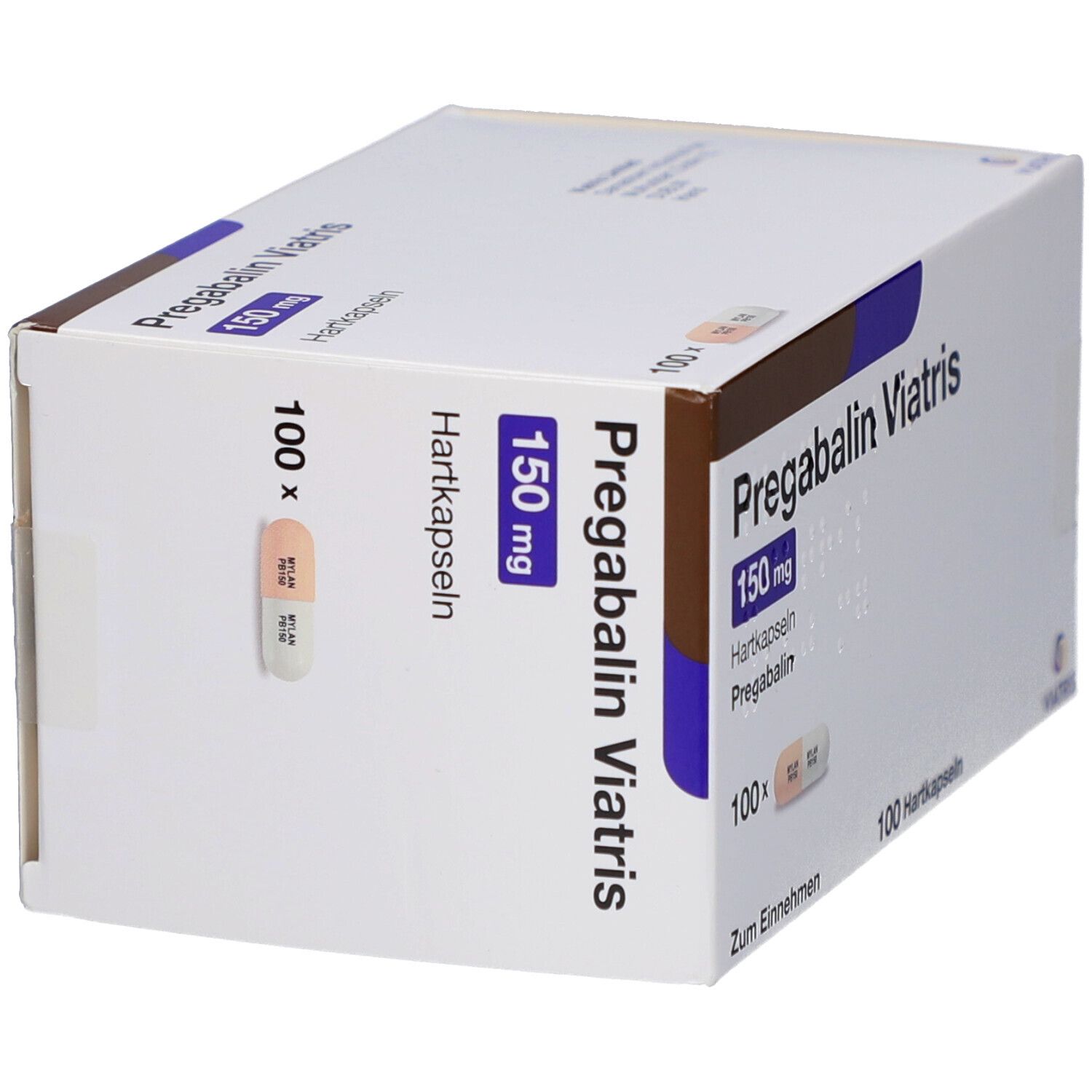 Schachtel PREGABALIN Viatris 150 mg Hartkapseln. 100 Kapseln. Kapsel-Abbildung. Viatris Logo.