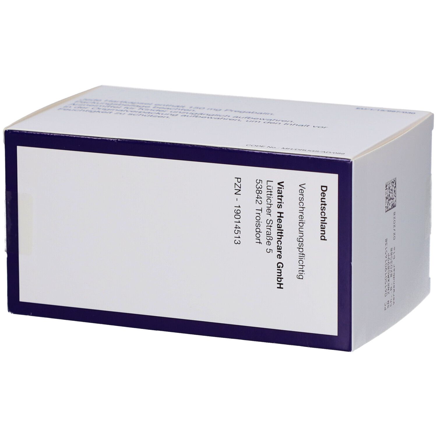 Rückseite der PREGABALIN Viatris Schachtel. Angaben zu Hersteller und Adresse.