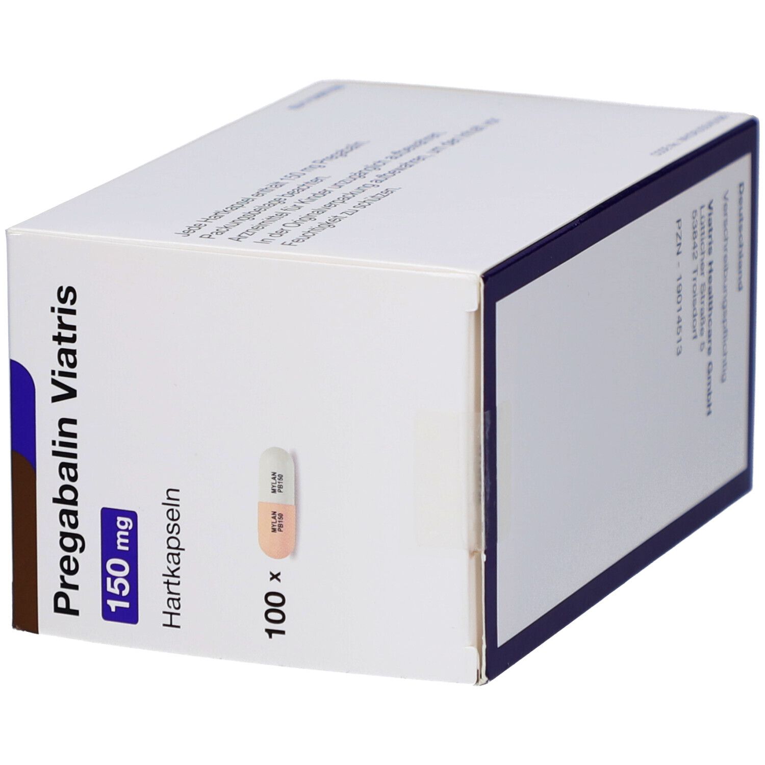 Schachtel PREGABALIN Viatris 150 mg Hartkapseln. 100 Kapseln. Kapsel-Abbildung.