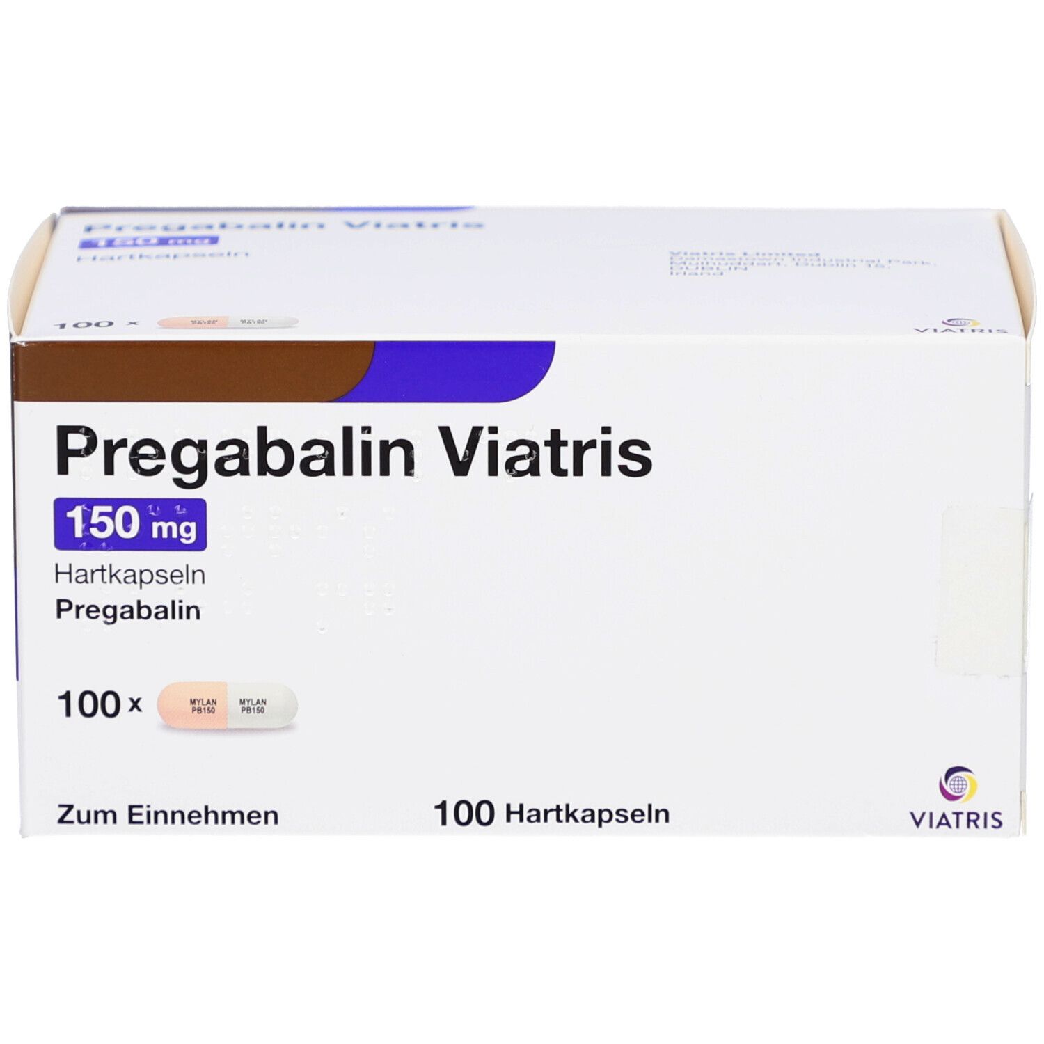 Weiße Schachtel PREGABALIN Viatris 150 mg Hartkapseln. 100 Kapseln. Viatris Logo.