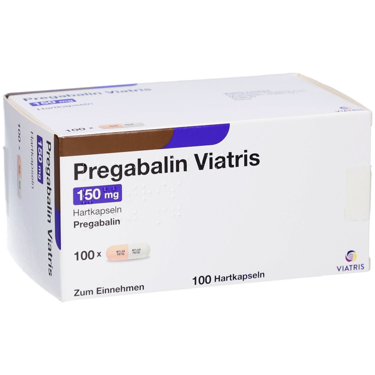 Weiße Schachtel PREGABALIN Viatris 150 mg Hartkapseln. 100 Kapseln. Viatris Logo.