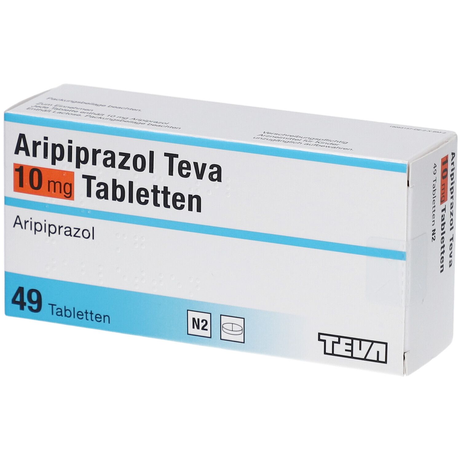 Schachtel mit ARIPIPRAZOL Teva 10 mg Tabletten. 49 Tabletten. Teva-Logo. Blaue Streifen.