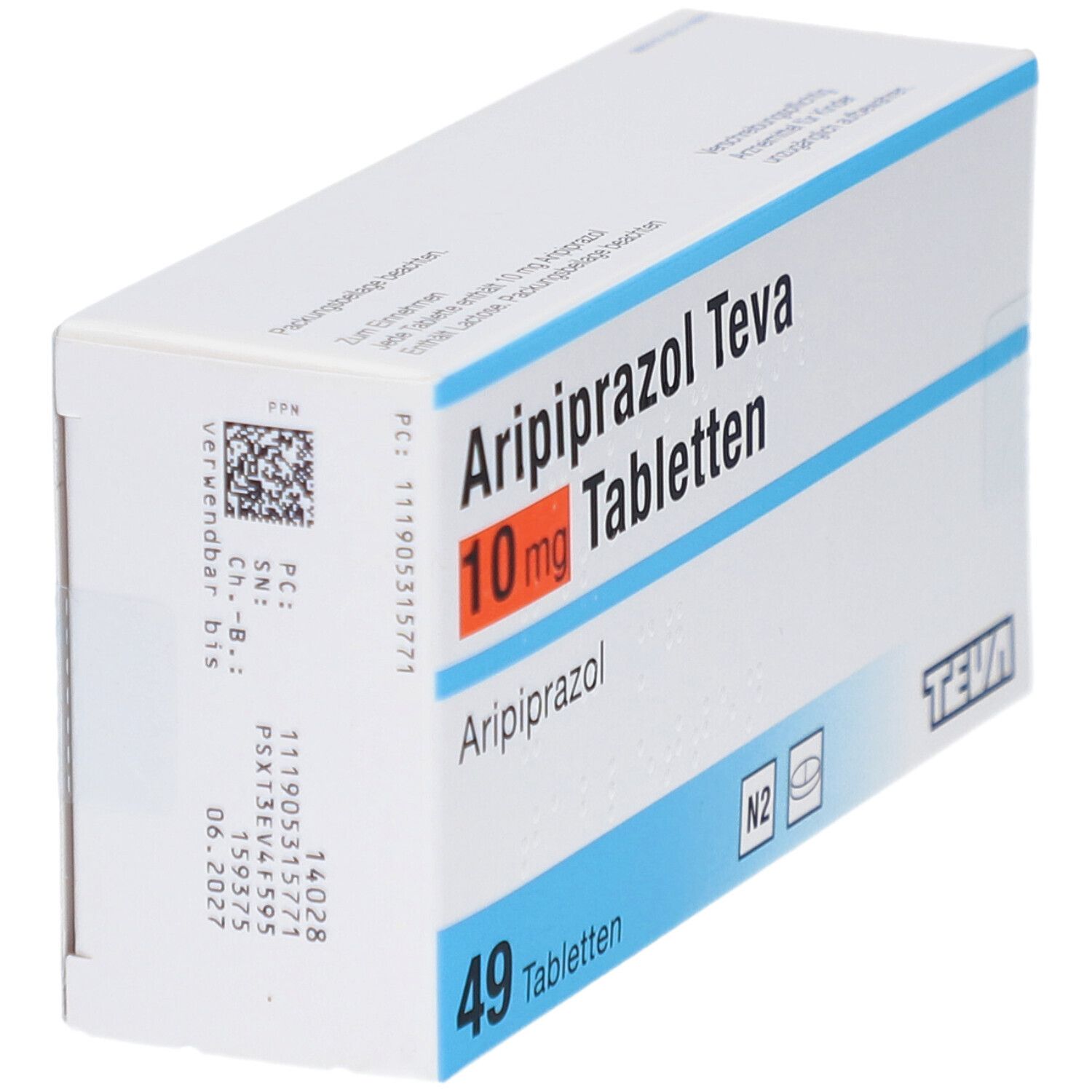 Schachtel mit ARIPIPRAZOL Teva 10 mg Tabletten. 49 Tabletten. Teva-Logo. Blaue Streifen. Ansicht schräg.