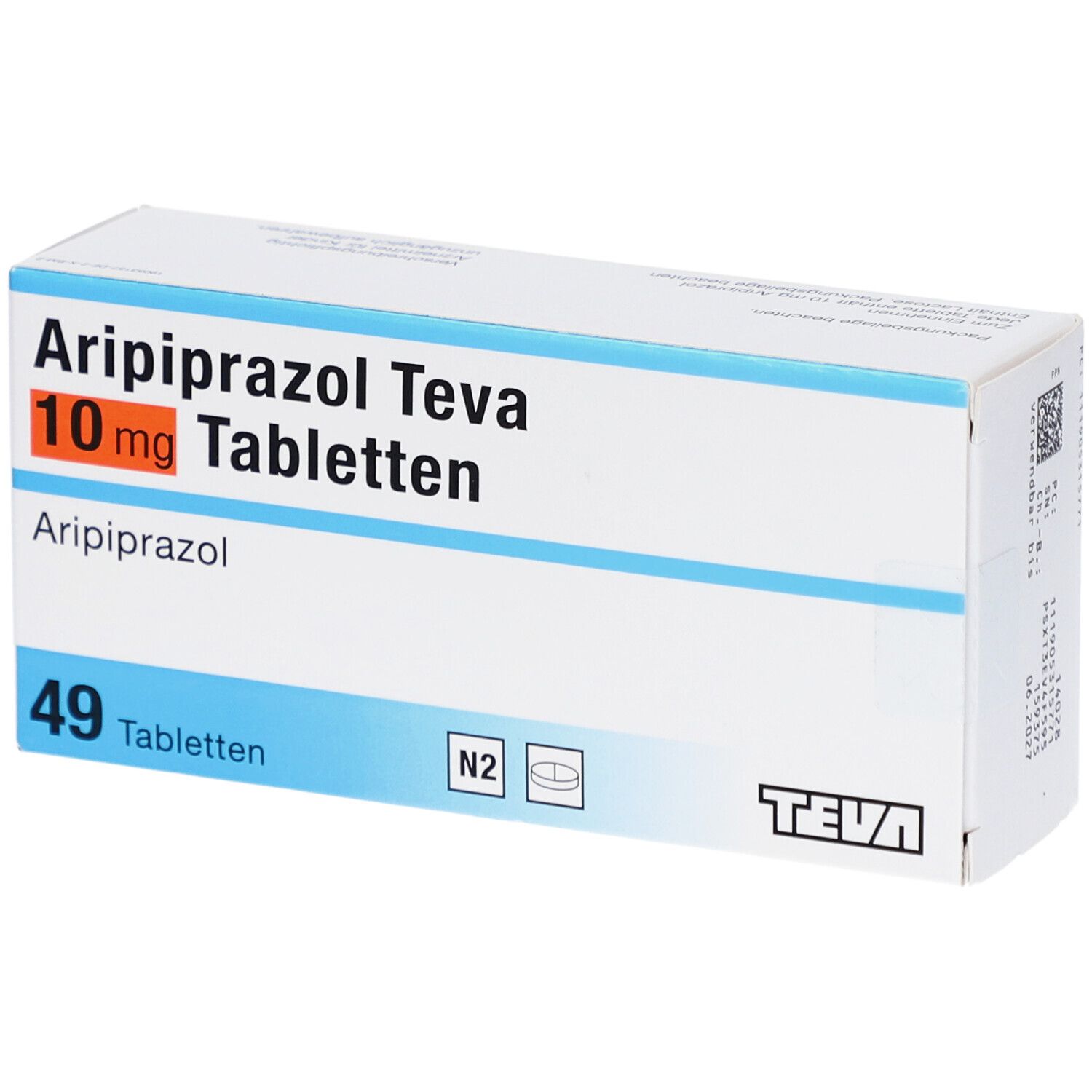 Schachtel mit ARIPIPRAZOL Teva 10 mg Tabletten. 49 Tabletten. Teva-Logo. Blaue Streifen.