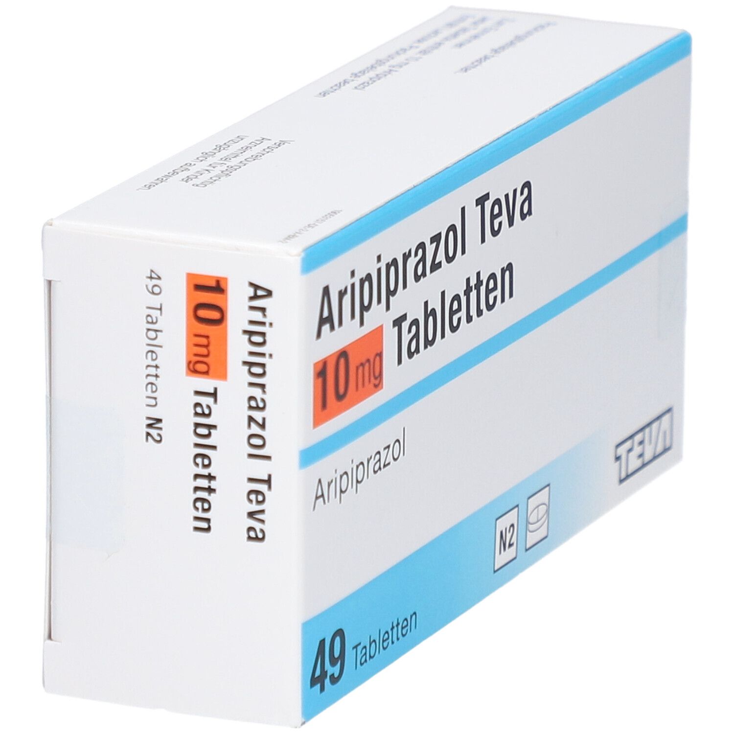 Schachtel mit ARIPIPRAZOL Teva 10 mg Tabletten. 49 Tabletten. Teva-Logo. Blaue Streifen. Schräge Ansicht.