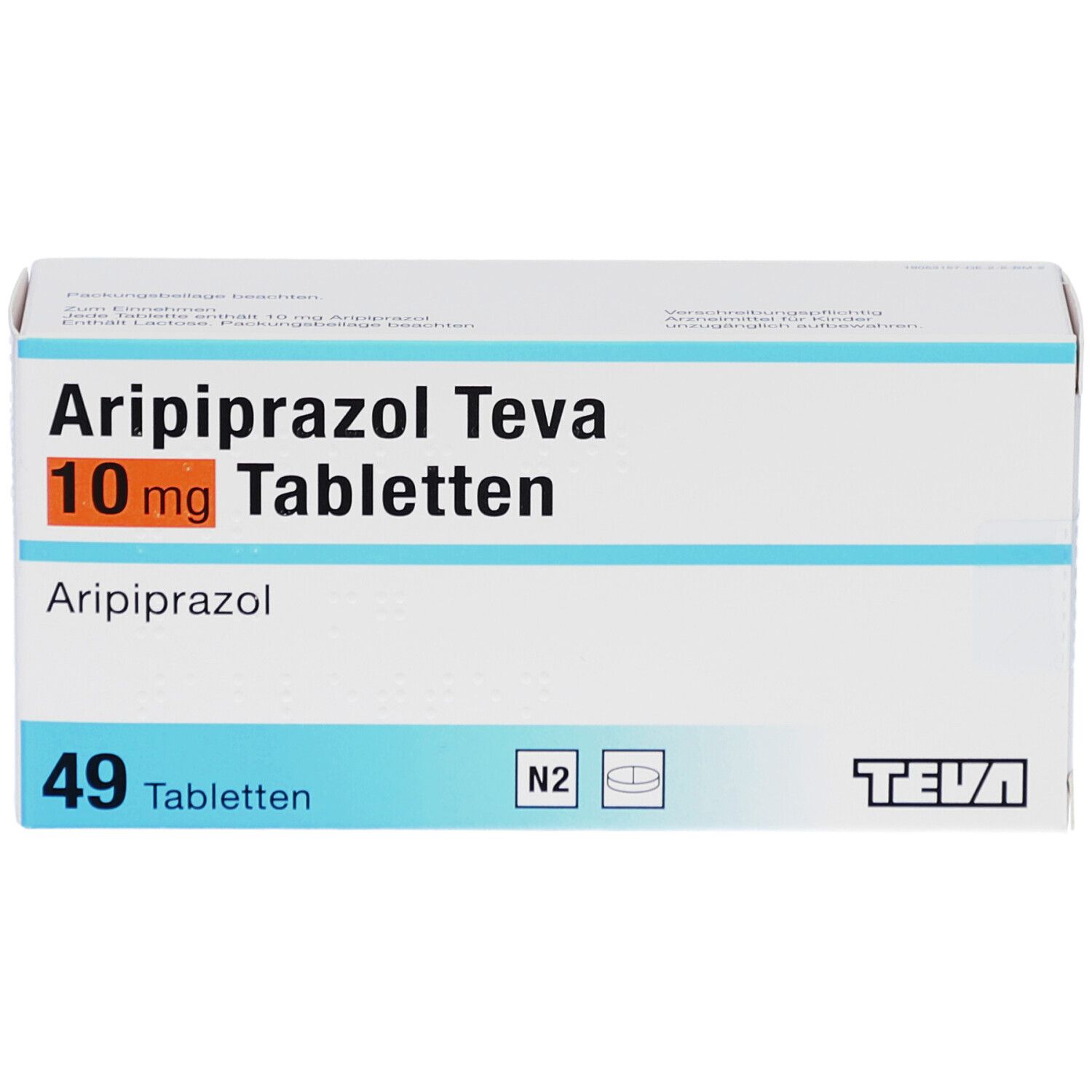 Schachtel mit ARIPIPRAZOL Teva 10 mg Tabletten. 49 Tabletten. Teva-Logo. Blaue Streifen.