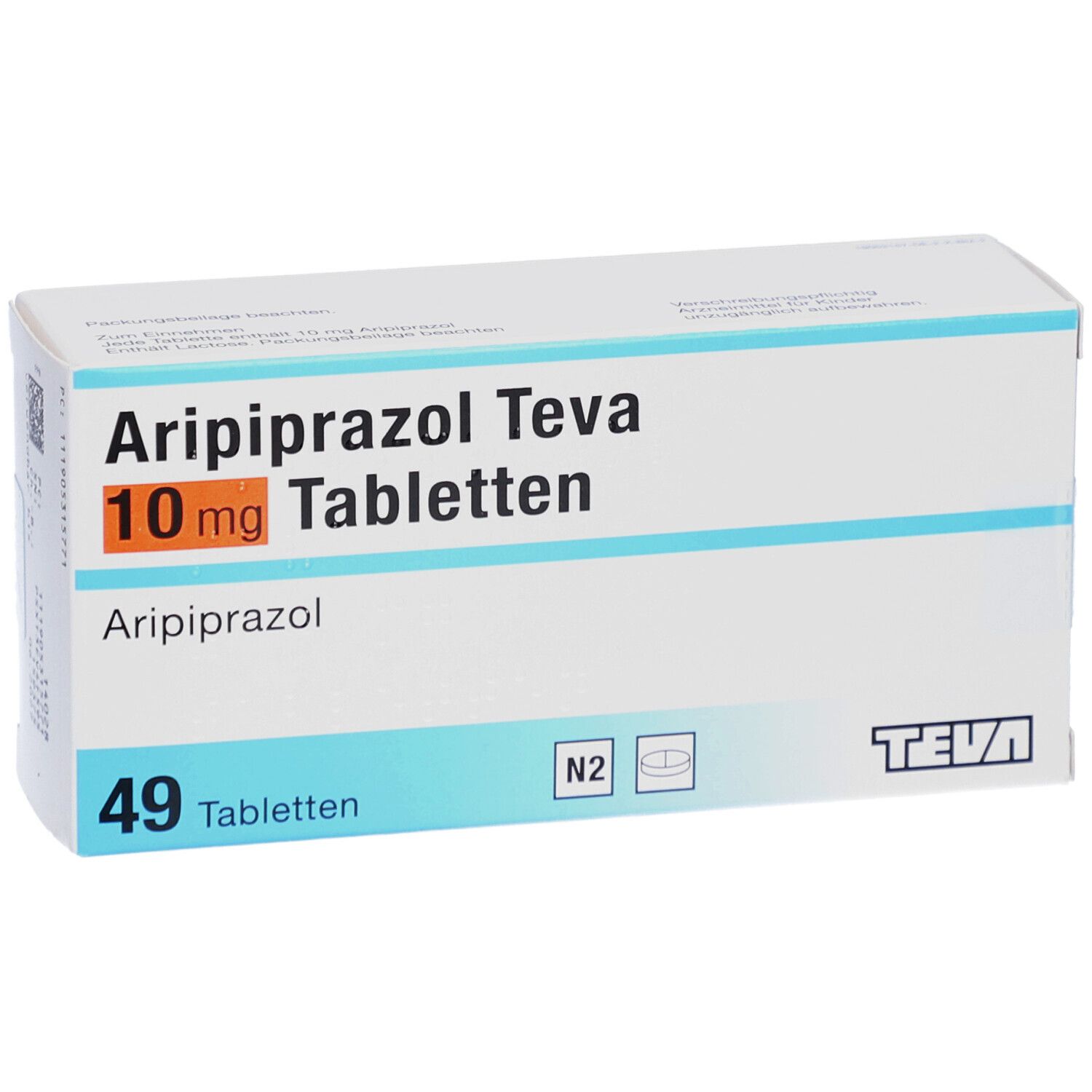 Schachtel mit ARIPIPRAZOL Teva 10 mg Tabletten. 49 Tabletten. Teva-Logo. Blaue Streifen.