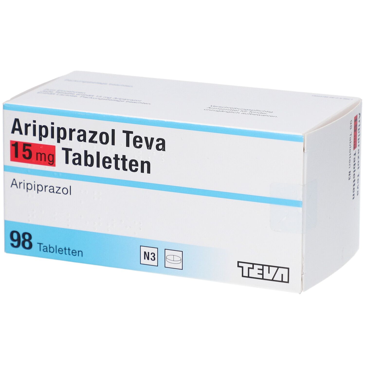 Schachtel mit ARIPIPRAZOL Teva 15 mg Tabletten. Aufschrift: 98 Tabletten, N3. TEVA-Logo.