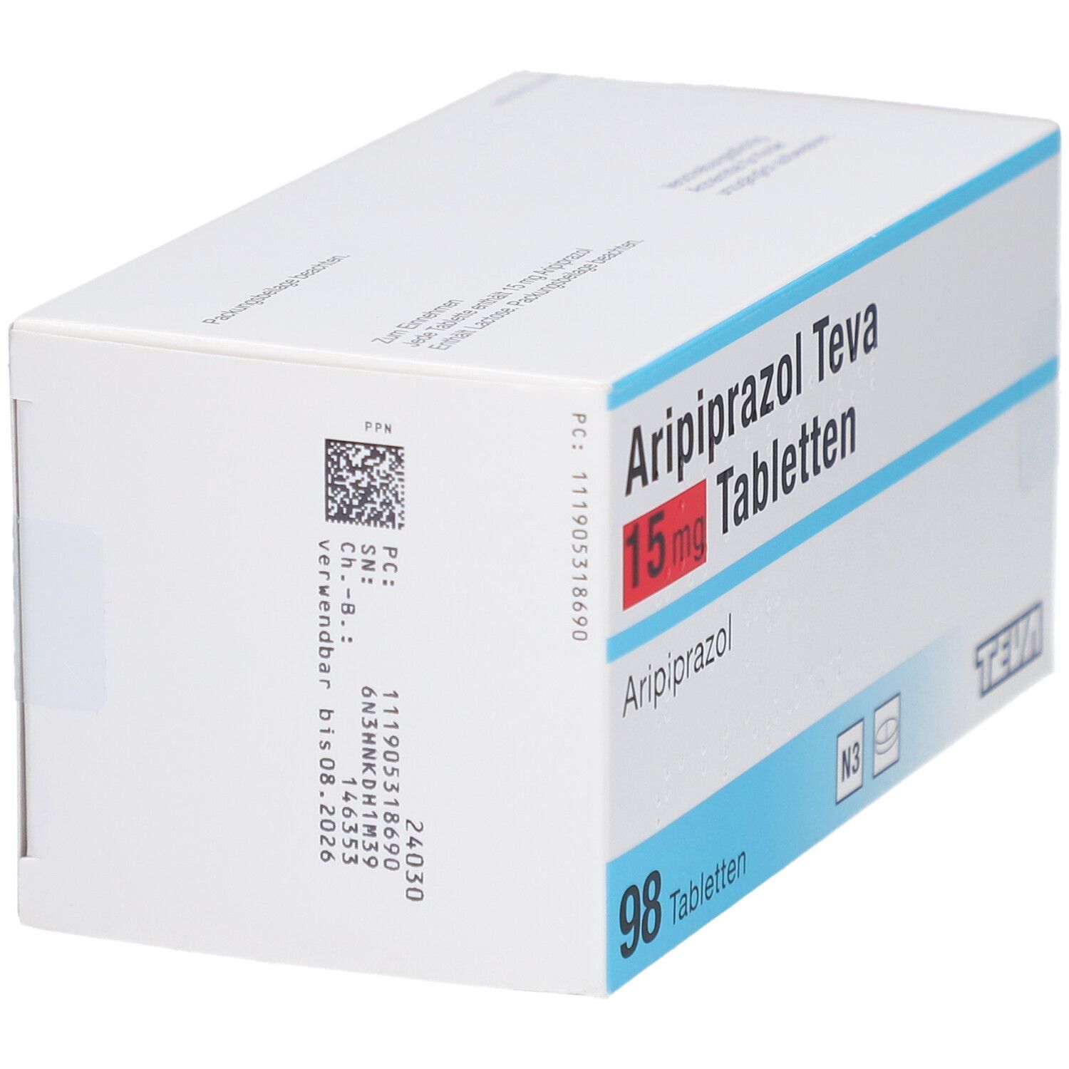 Schachtel mit ARIPIPRAZOL Teva 15 mg Tabletten. Aufschrift: 98 Tabletten, N3. TEVA-Logo. Barcode und Verfallsdatum.
