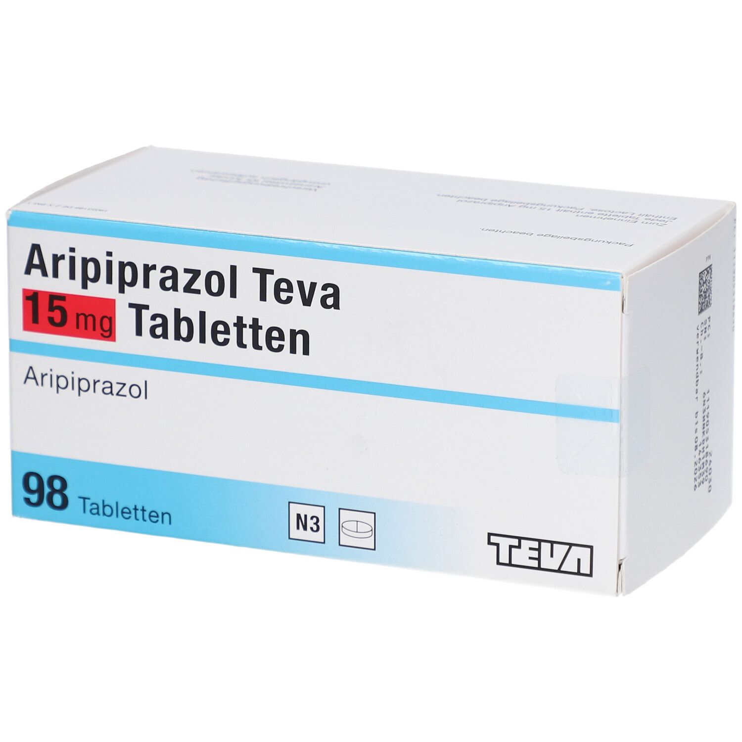 Schachtel mit ARIPIPRAZOL Teva 15 mg Tabletten. Aufschrift: 98 Tabletten, N3. TEVA-Logo.